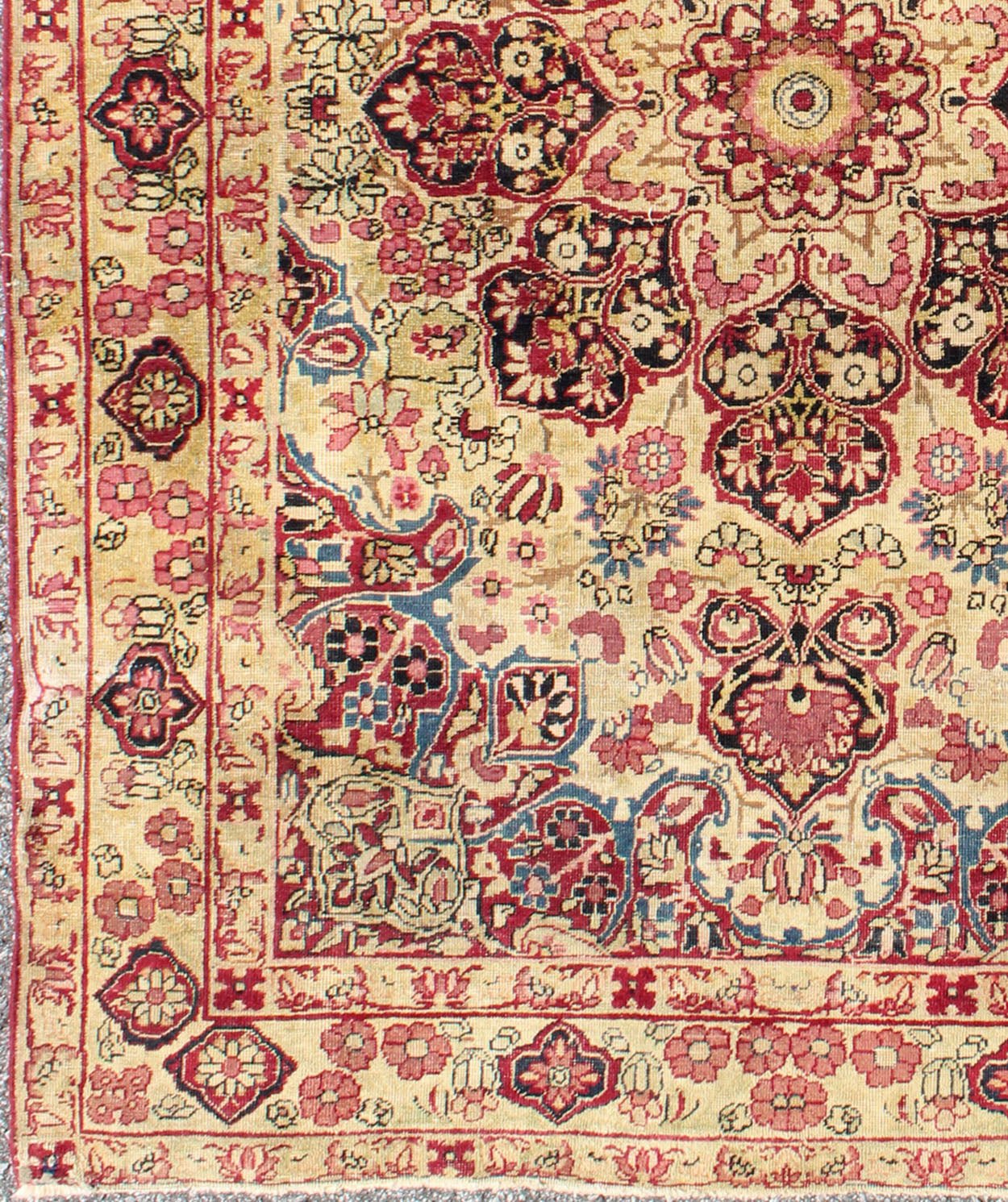Late 19th Century Antique Lavar - Kerman Rug with Red and Pink Floral Medallion, rug j10 - 1003, country of origin / type: Iran / Kerman, circa 1890 This antique Persian Lavar Kerman rug, circa 1890 from the late 19th century features an ivory field... - Keivan Woven ArtsJ10 - 1003 - 2491Rug