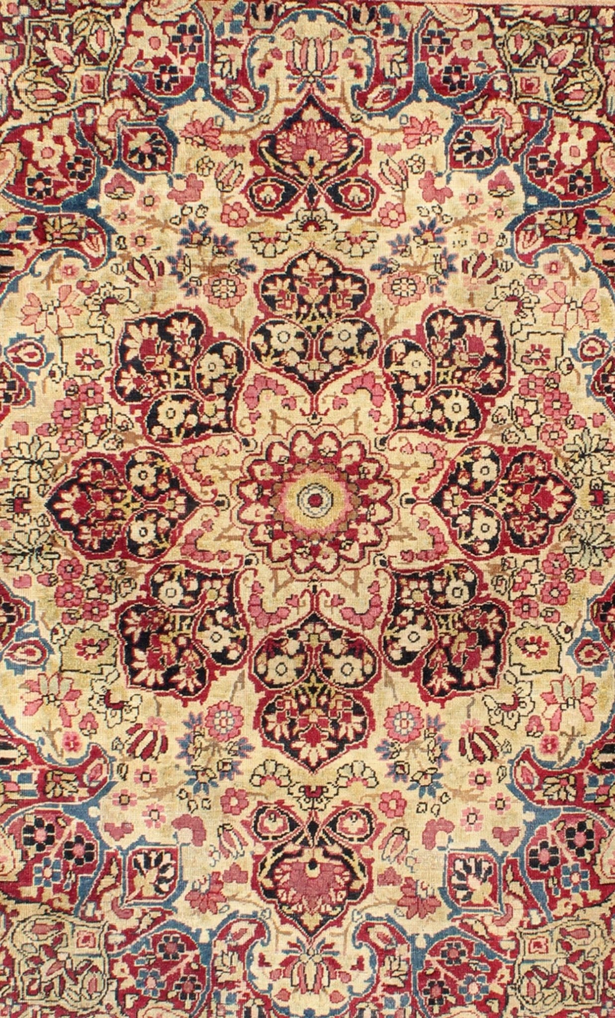 Late 19th Century Antique Lavar - Kerman Rug with Red and Pink Floral Medallion, rug j10 - 1003, country of origin / type: Iran / Kerman, circa 1890 This antique Persian Lavar Kerman rug, circa 1890 from the late 19th century features an ivory field... - Keivan Woven ArtsJ10 - 1003 - 2491Rug