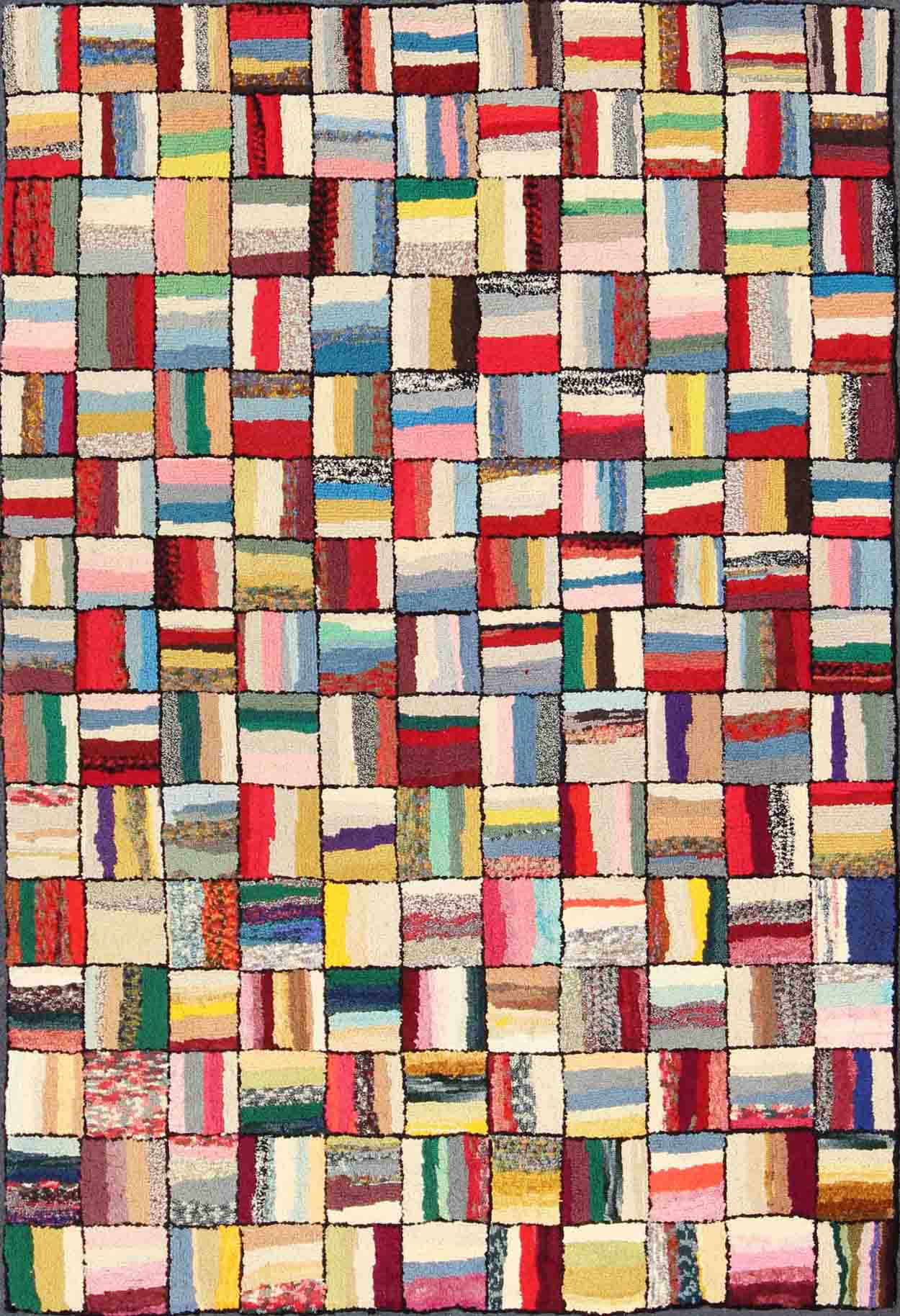 Vintage American Hook Rug This spectacular vintage American hook rug visually vibrates with a stunning myriad of colors and striped, checker - patterned weaves. The repeat patterned squares are outlined in a thin border of black and contain a vast... - Keivan Woven ArtsJ10 - 1013 - 2507Rug