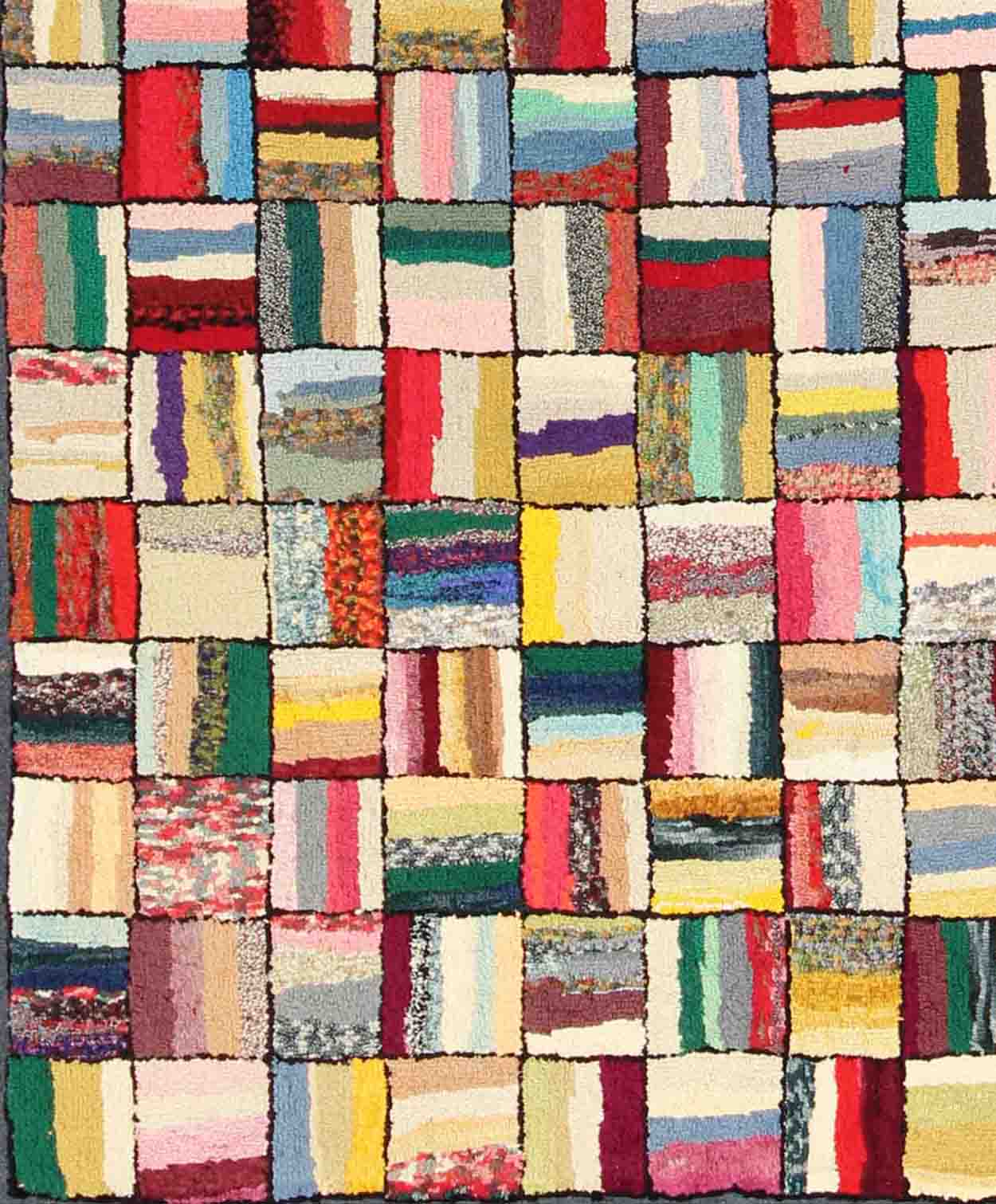 Vintage American Hook Rug This spectacular vintage American hook rug visually vibrates with a stunning myriad of colors and striped, checker - patterned weaves. The repeat patterned squares are outlined in a thin border of black and contain a vast... - Keivan Woven ArtsJ10 - 1013 - 2507Rug