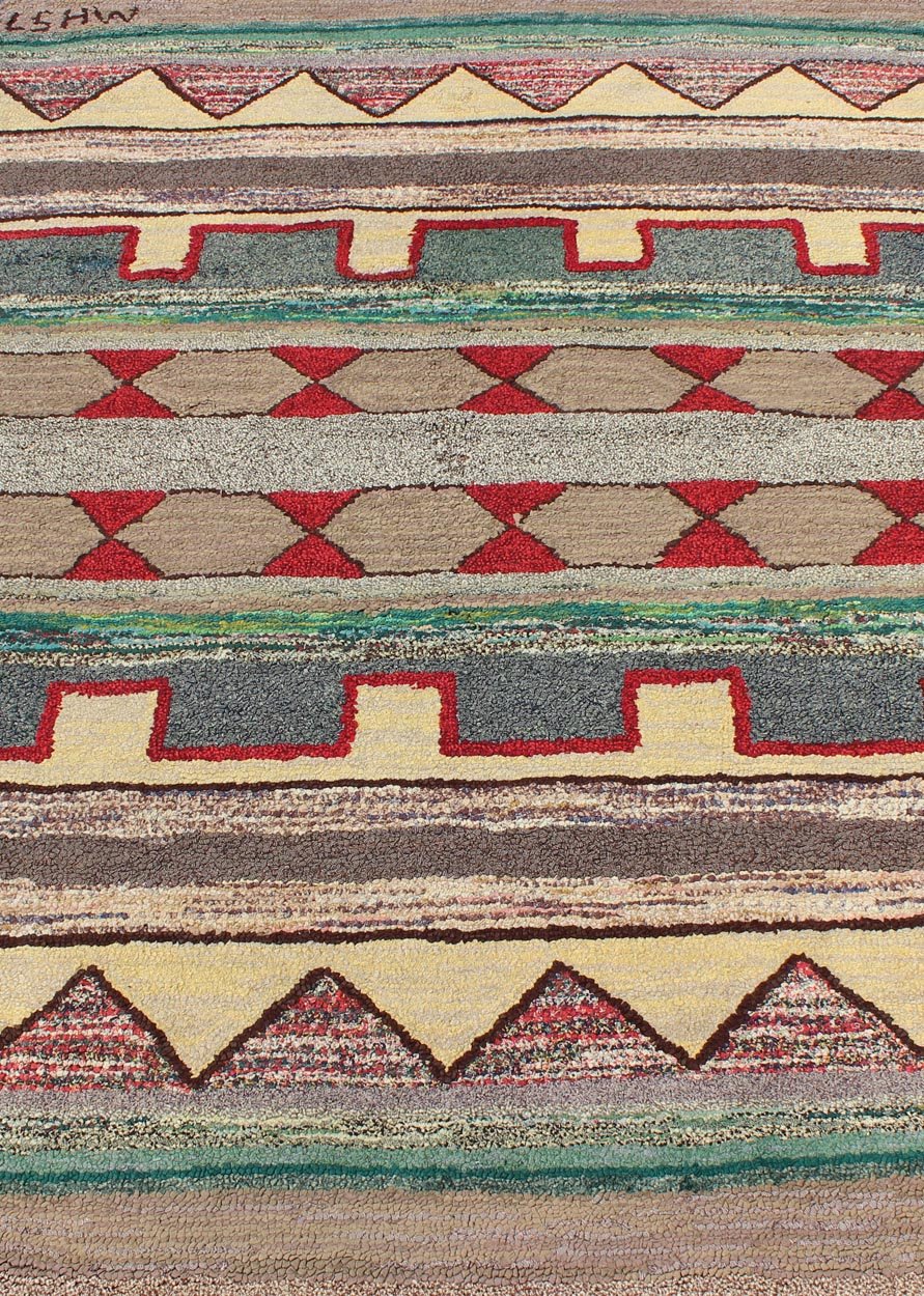Vintage American Hooked Rug with Geometric Tribal Designs Vintage American hooked rug with geometric tribal designs, Keivan Woven Arts / rug J10 - 1014, country of origin / type: United States / Hooked, circa 1950 Ingenious in style, color ... - Keivan Woven ArtsJ10 - 1014 - 2511Rug