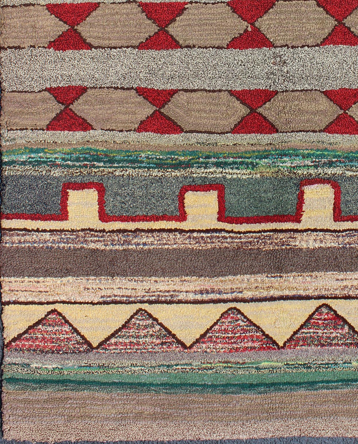 Vintage American Hooked Rug with Geometric Tribal Designs Vintage American hooked rug with geometric tribal designs, Keivan Woven Arts / rug J10 - 1014, country of origin / type: United States / Hooked, circa 1950 Ingenious in style, color ... - Keivan Woven ArtsJ10 - 1014 - 2511Rug