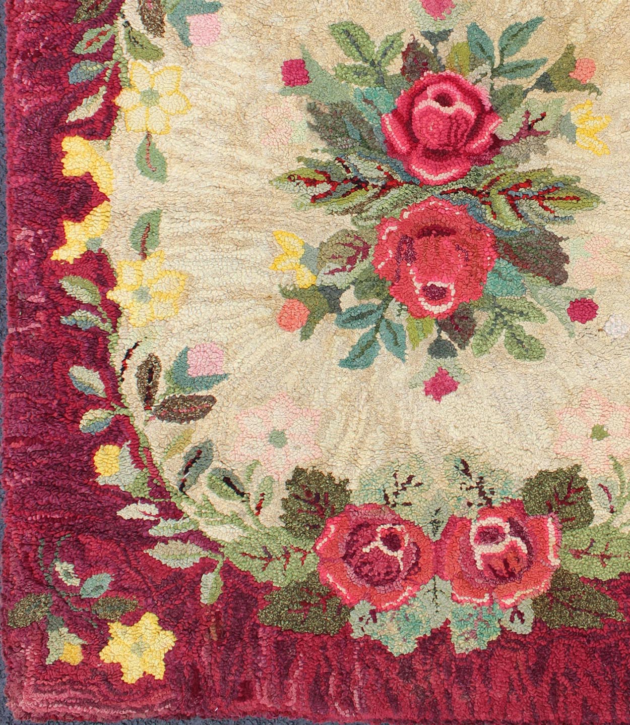 Vintage American Hooked rug with red rose and yellow flower bouquets, rug j10 - 1202, country of origin / type: United States / Hooked, circa 1930 This antique American Hooked rug depicts beautiful floral arrangements/bouquets placed within a circ... - Keivan Woven ArtsJ10 - 1202 - 2325Rug