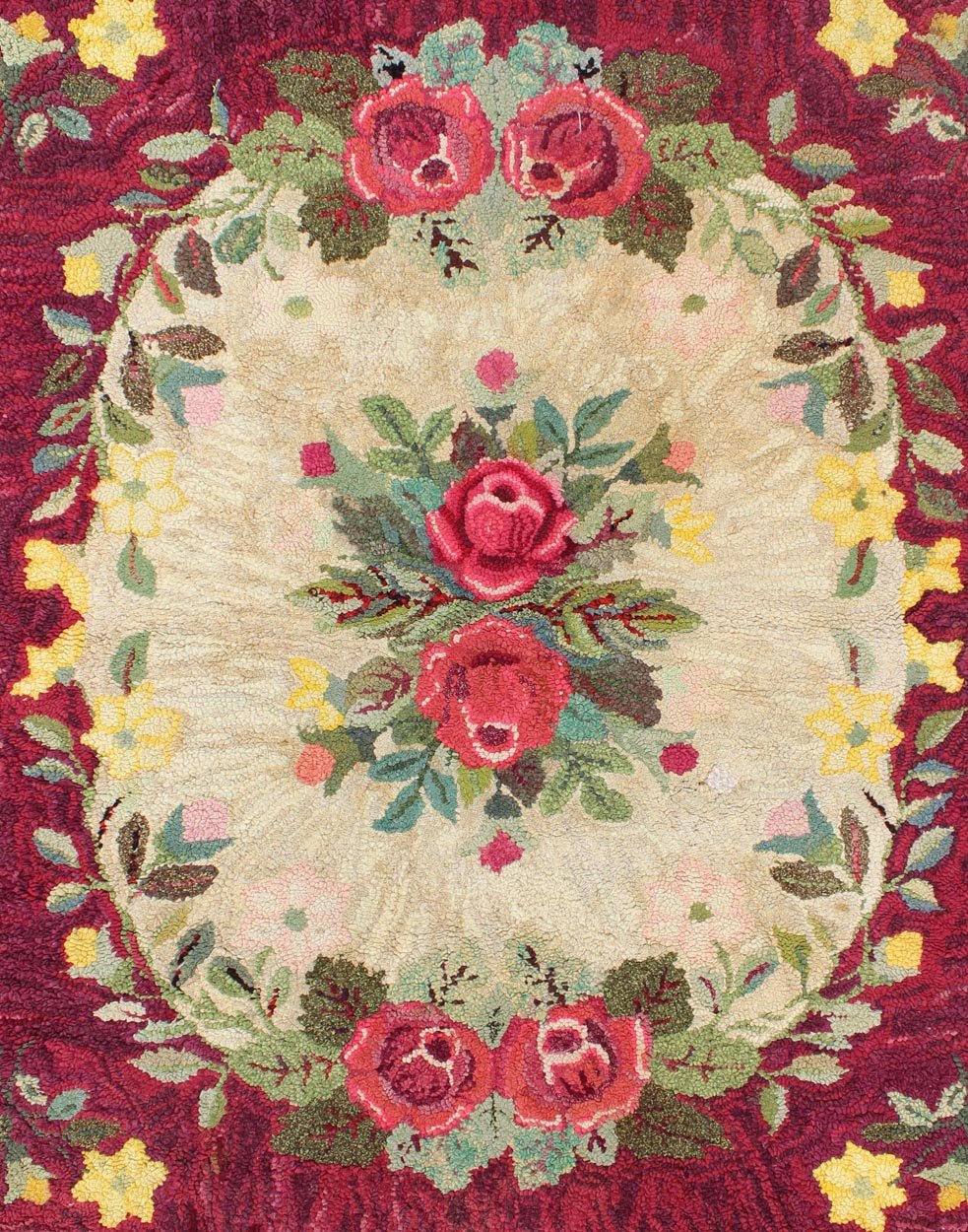 Vintage American Hooked rug with red rose and yellow flower bouquets, rug j10 - 1202, country of origin / type: United States / Hooked, circa 1930 This antique American Hooked rug depicts beautiful floral arrangements/bouquets placed within a circ... - Keivan Woven ArtsJ10 - 1202 - 2325Rug