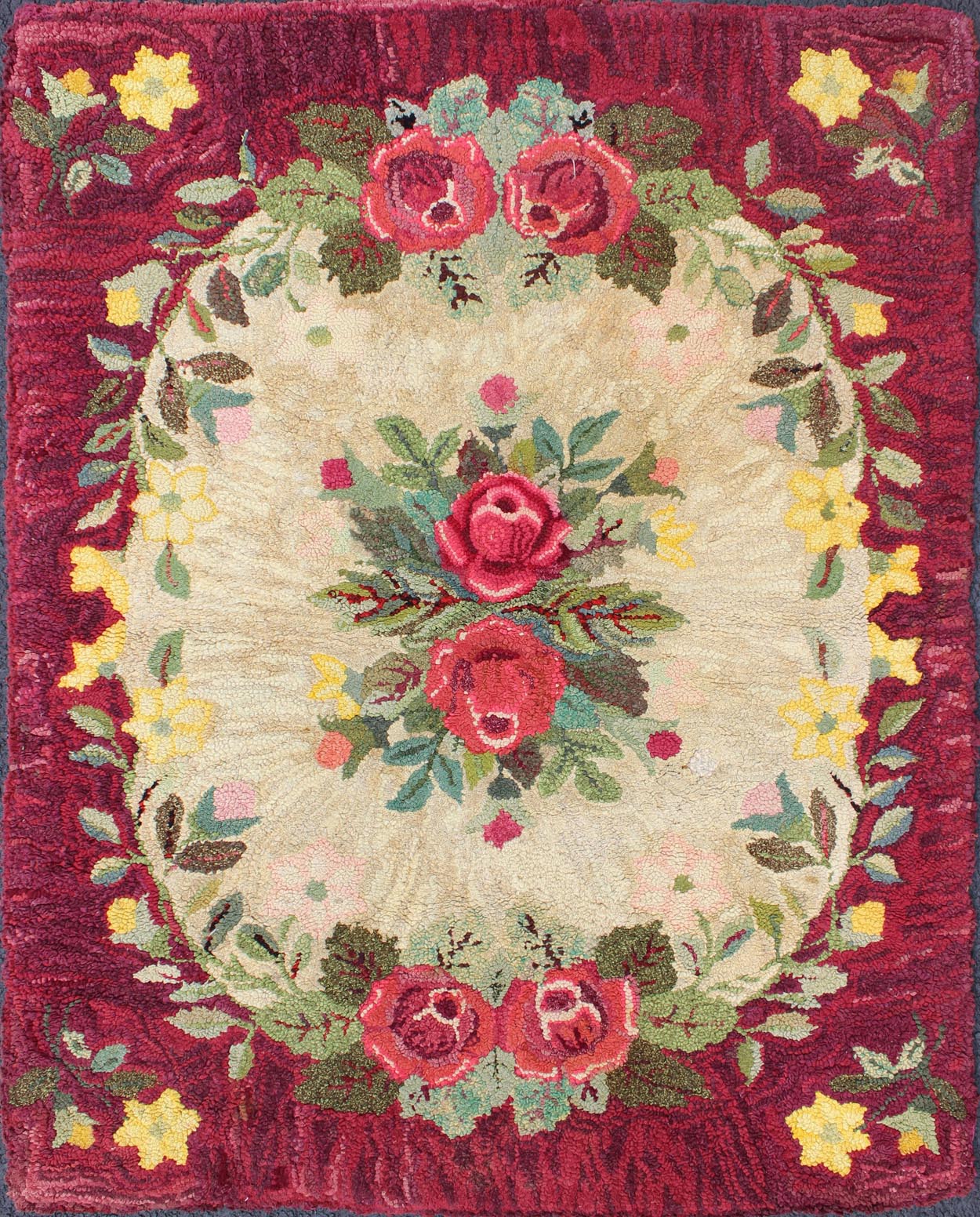 Vintage American Hooked rug with red rose and yellow flower bouquets, rug j10 - 1202, country of origin / type: United States / Hooked, circa 1930 This antique American Hooked rug depicts beautiful floral arrangements/bouquets placed within a circ... - Keivan Woven ArtsJ10 - 1202 - 2325Rug