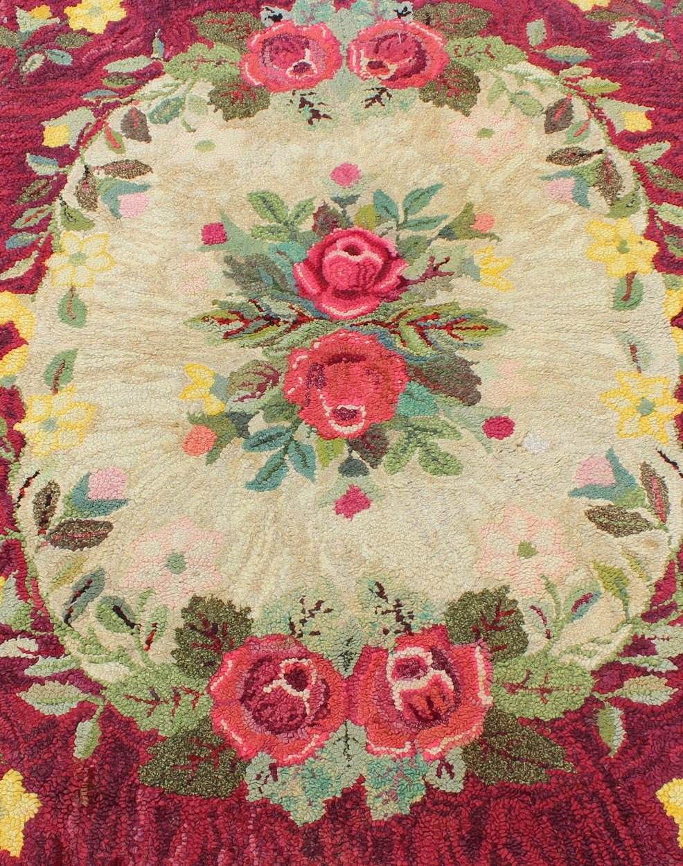Vintage American Hooked rug with red rose and yellow flower bouquets, rug j10 - 1202, country of origin / type: United States / Hooked, circa 1930 This antique American Hooked rug depicts beautiful floral arrangements/bouquets placed within a circ... - Keivan Woven ArtsJ10 - 1202 - 2325Rug