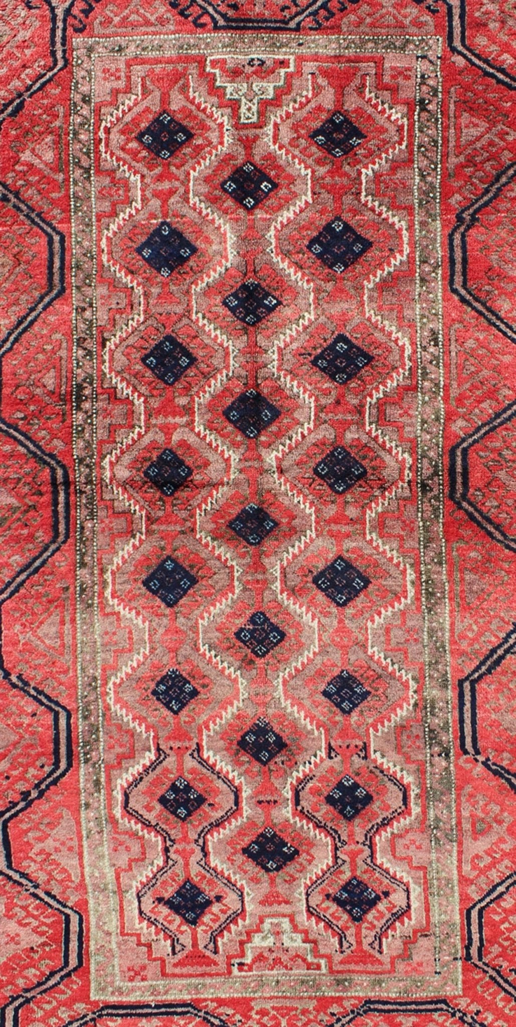 Midcentury vintage Beluch rug with all - over diamond pattern in red and charcoal, rug ke - 3299, country of origin / type: Afghanistan / Tribal, circa mid - 20th century This impressive and complex vintage Afghan Beluch rug (circa mid - 20th century) f... - Keivan Woven ArtsKB - 3299 - 6117Rug