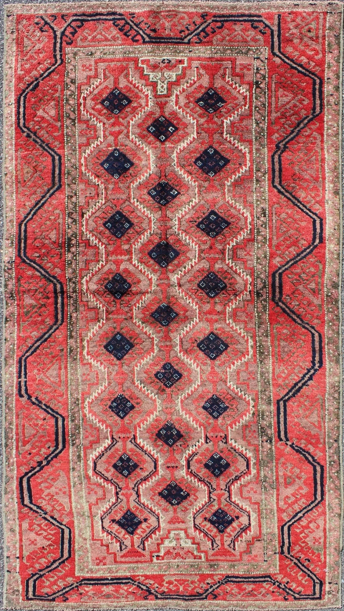 Midcentury vintage Beluch rug with all - over diamond pattern in red and charcoal, rug ke - 3299, country of origin / type: Afghanistan / Tribal, circa mid - 20th century This impressive and complex vintage Afghan Beluch rug (circa mid - 20th century) f... - Keivan Woven ArtsKB - 3299 - 6117Rug