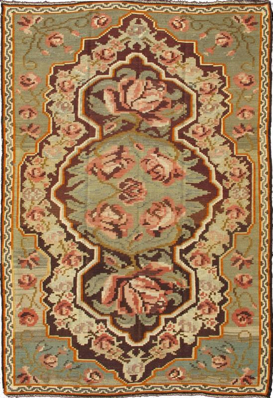 Keivan Woven Arts, Kb - H - 401 - 14, Vintage Turkish Kilim Rug - Hand - made vintage Kilim rug with a beautiful central medallion and vining floral design in green, brown and multi - colors. Measures: 5'7 X 8'6 - Keivan Woven ArtsKB - H - 401 - 14 - 1550
