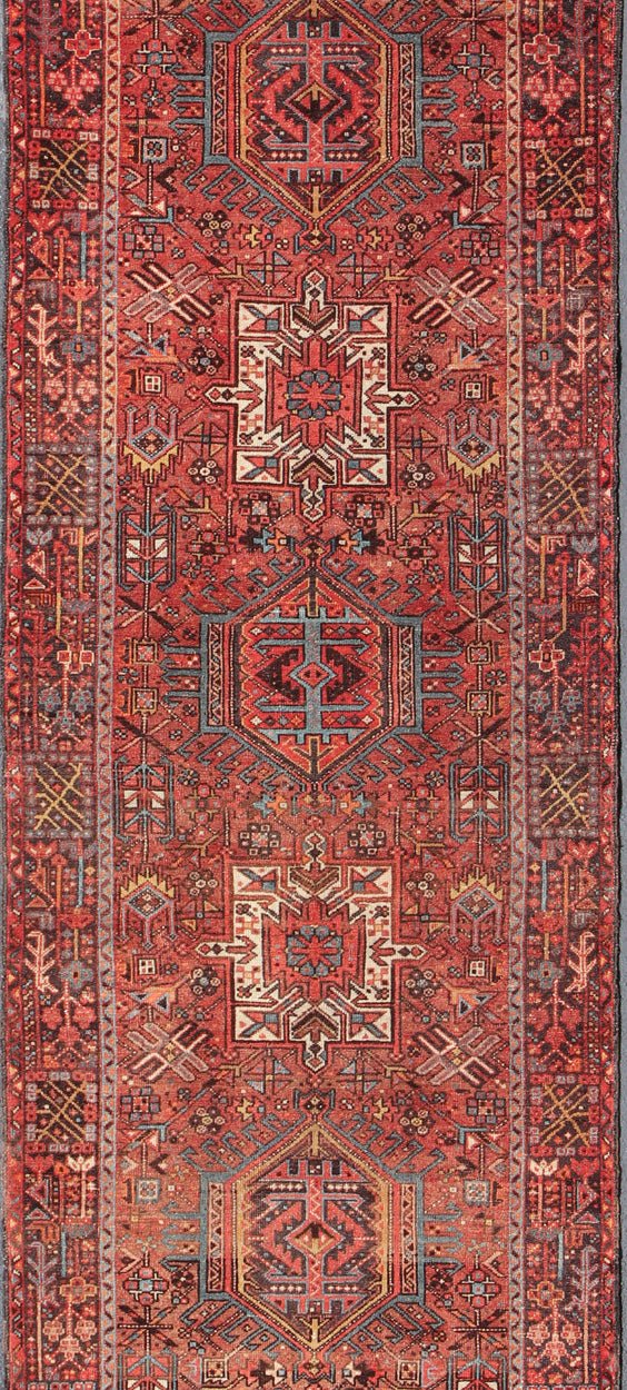 Wide Geometric Persian Heriz Runner with Medallions in Red & Jewel Tones Keivan Woven Arts - Geometric Medallion design multicolored vintage Persian Karadjeh runner, rug KB - H - 604 - 16, country of origin / type: Iran / Karadjeh, circa 1950. This... - Keivan Woven ArtsKB - H - 604 - 16 - 1334Rug