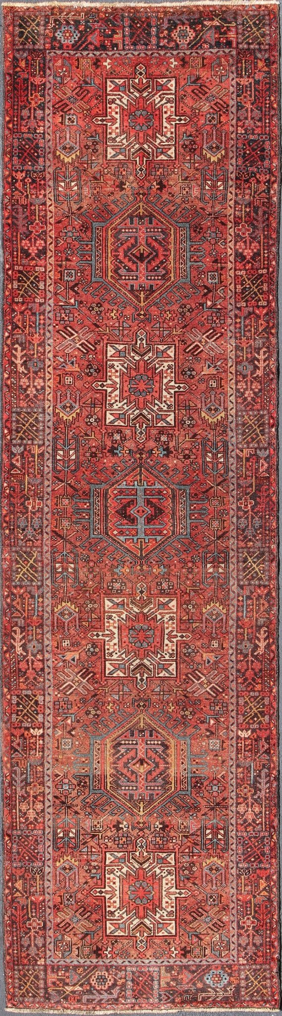 Wide Geometric Persian Heriz Runner with Medallions in Red & Jewel Tones Keivan Woven Arts - Geometric Medallion design multicolored vintage Persian Karadjeh runner, rug KB - H - 604 - 16, country of origin / type: Iran / Karadjeh, circa 1950. This... - Keivan Woven ArtsKB - H - 604 - 16 - 1334Rug