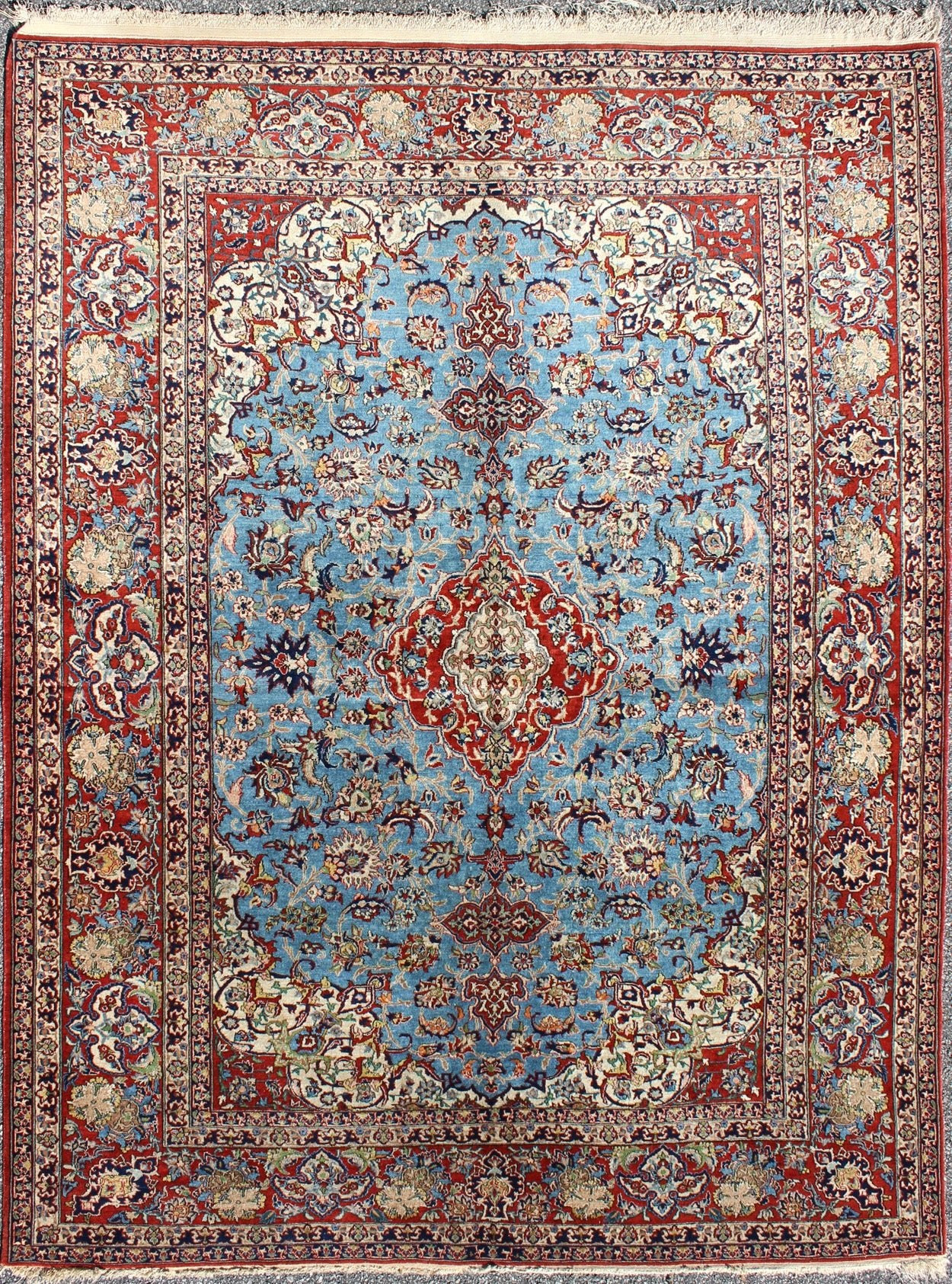 Very Fine Persian Isfahan Rug with Intricate Florals in Persian Blue & Red. Persian Isfahan, Fine Isfahan rug. This outstanding antique Persian Isfahan carpet is primarily characterized by its classical composition. This beautiful carpet re... - Keivan Woven ArtsKBE - 1404 - 8Rug