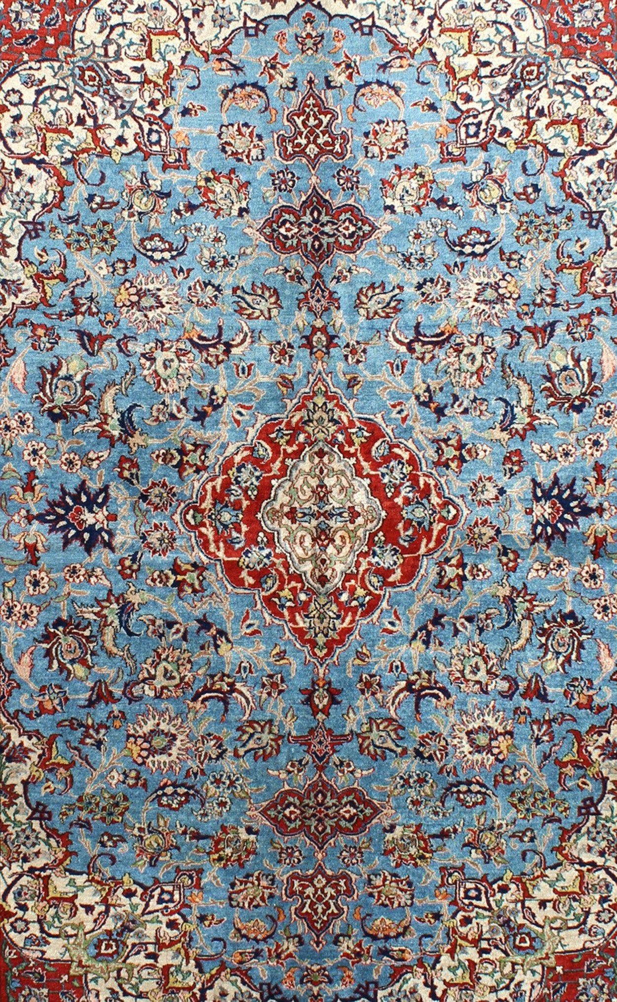 Very Fine Persian Isfahan Rug with Intricate Florals in Persian Blue & Red. Persian Isfahan, Fine Isfahan rug. This outstanding antique Persian Isfahan carpet is primarily characterized by its classical composition. This beautiful carpet re... - Keivan Woven ArtsKBE - 1404 - 8Rug