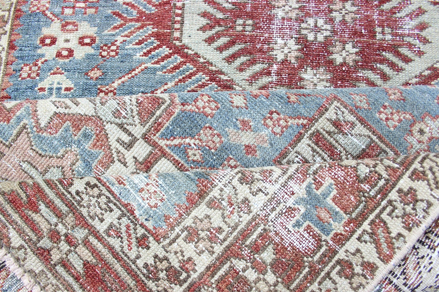 Shades of light Blue and rust Red Antique Persian Heriz Long Runner with Geometric Design Persian Heriz antique Runner with sub - geometric Medallion Design in colorful tones including blue, red, and brown, rug KBE - 200202, country of origin / type... - Keivan Woven ArtsKBE - 200202 - 12639Rug