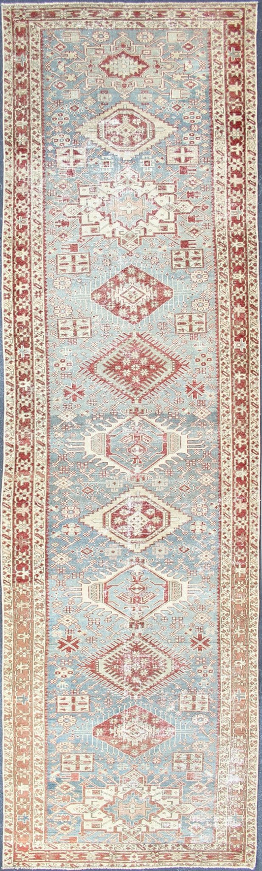 Shades of light Blue and rust Red Antique Persian Heriz Long Runner with Geometric Design Persian Heriz antique Runner with sub - geometric Medallion Design in colorful tones including blue, red, and brown, rug KBE - 200202, country of origin / type... - Keivan Woven ArtsKBE - 200202 - 12639Rug
