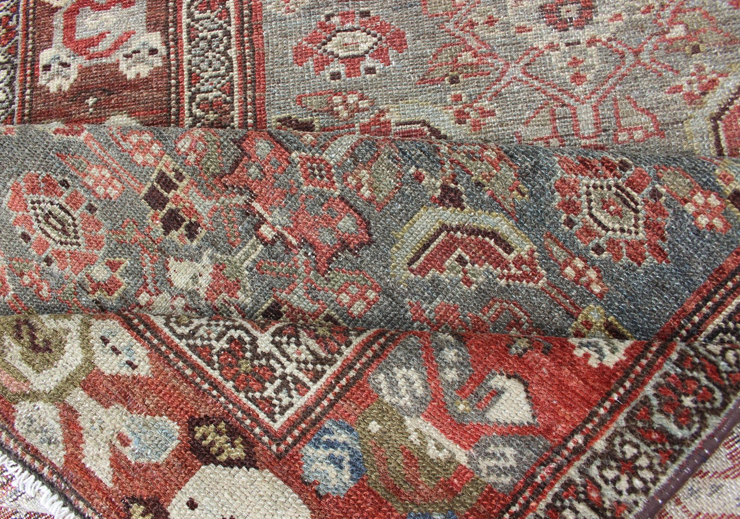 Sub - Geometric all over Herati Tribal Design Antique Persian Kurdish Runner in Multi colors variation of light colors Gray, green, blue background and soft red - colored border Persian Kurdish antique runner in Tribal all over Herati design with ge... - Keivan Woven ArtsKBE - 200203 - 12643Rug