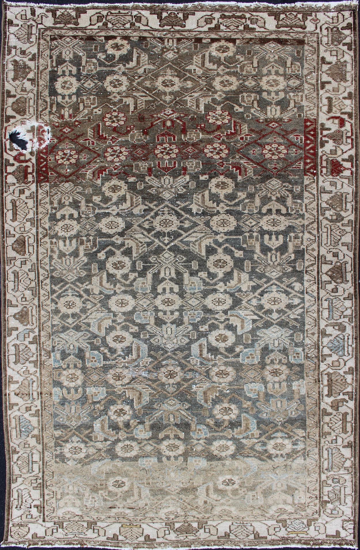 Earthy Tone Vintage Persian Hamadan Rug with All - Over Pattern in Gray blue All - Over Persian Earth Toned Vintage Hamadan Rug Floral design Hamedan vintage rug in brown and light grayish - blue color tones, rug kbe - 200204, origin / type: Iran / ... - Keivan Woven ArtsKBE - 200204 - 12647Rug