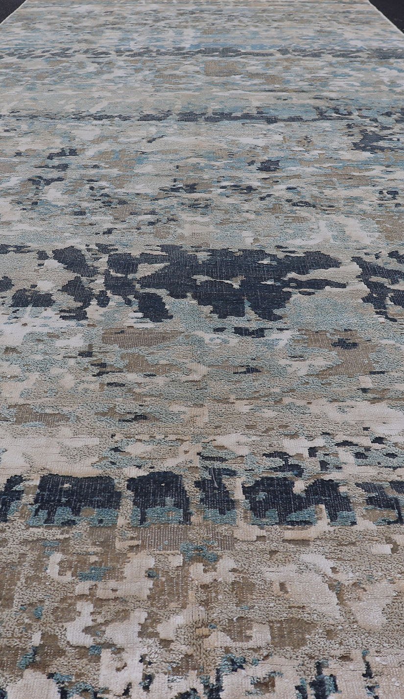 Modern Indian Abstract Bamboo Silk and Wool Gallery Runner in Earthy Tones Measures 5'0 x 14'10 Country of Origin: India; Type: Modern; Design: All - Over, Abstract, Modern; Keivan Woven Arts: rug KBE - 210801; Modern Indian Abstract Bamboo ... - Keivan Woven ArtsKBE - 210801 - 17184Rug