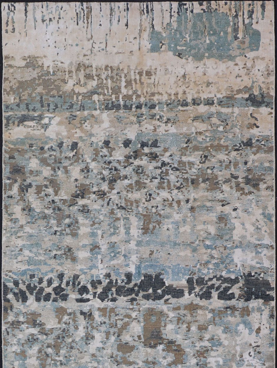 Modern Indian Abstract Bamboo Silk and Wool Gallery Runner in Earthy Tones Measures 5'0 x 14'10 Country of Origin: India; Type: Modern; Design: All - Over, Abstract, Modern; Keivan Woven Arts: rug KBE - 210801; Modern Indian Abstract Bamboo ... - Keivan Woven ArtsKBE - 210801 - 17184Rug