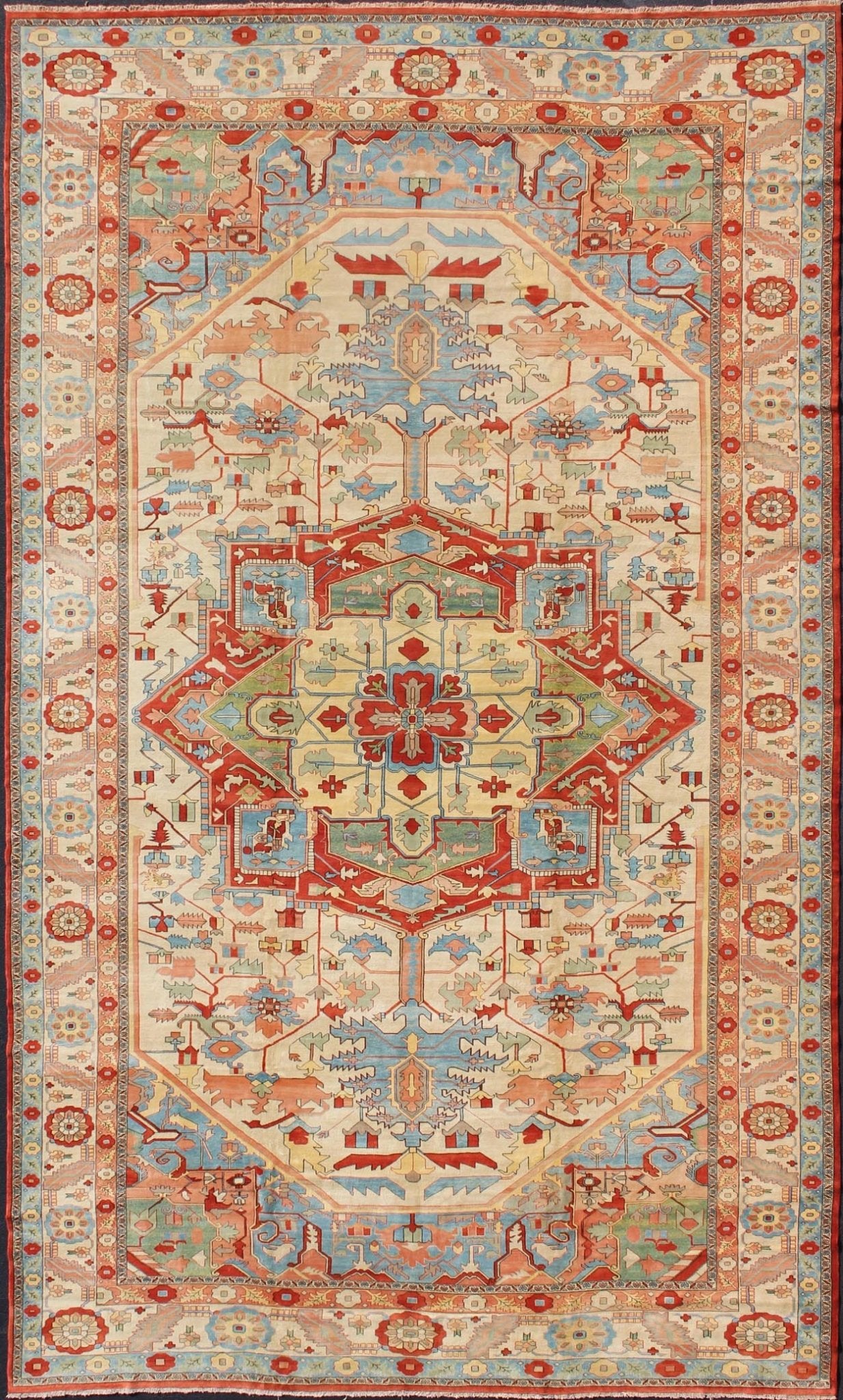 Large Serapi Rug with Medallion on a Cream Background kwarugs Medallion on a Cream Background Serapi Rug Rug / EB600240 Country / Iran Serapi rugs are known as the finest rugs produced in the Heriz region and its surrounding area. The centra... - Keivan Woven ArtsKBE - EB - 600240 - 750Rug