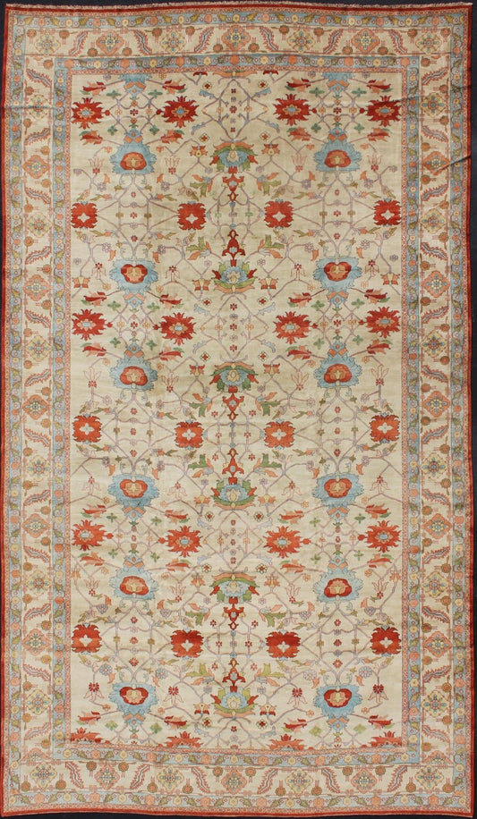 Very large Persian serapi rug with all over pattern in ivory background. Keivan Woven Arts rug KBE - EB - 600241, country of origin / type: Iran / Serapi, circa 1990. Measures:16'8 x 28'11. Serapi rugs are known as the finest rugs produced in the Her... - Keivan Woven ArtsKBE - EB - 600241 - 754Rug