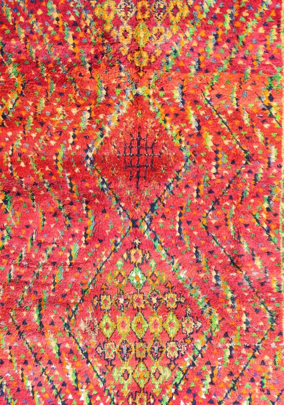 Mid - Century Tribal Moroccan Vintage Rug with Colorful, Vibrant Diamond Pattern Measures: 6'8'' x 10'6''. This Moroccan rug has a vibrant all - over diamond geometric pattern with navy blue outlines, set on a field shaded with orange and red. Th... - Keivan Woven ArtsKBE - LCB - 136650 - 7345Rug