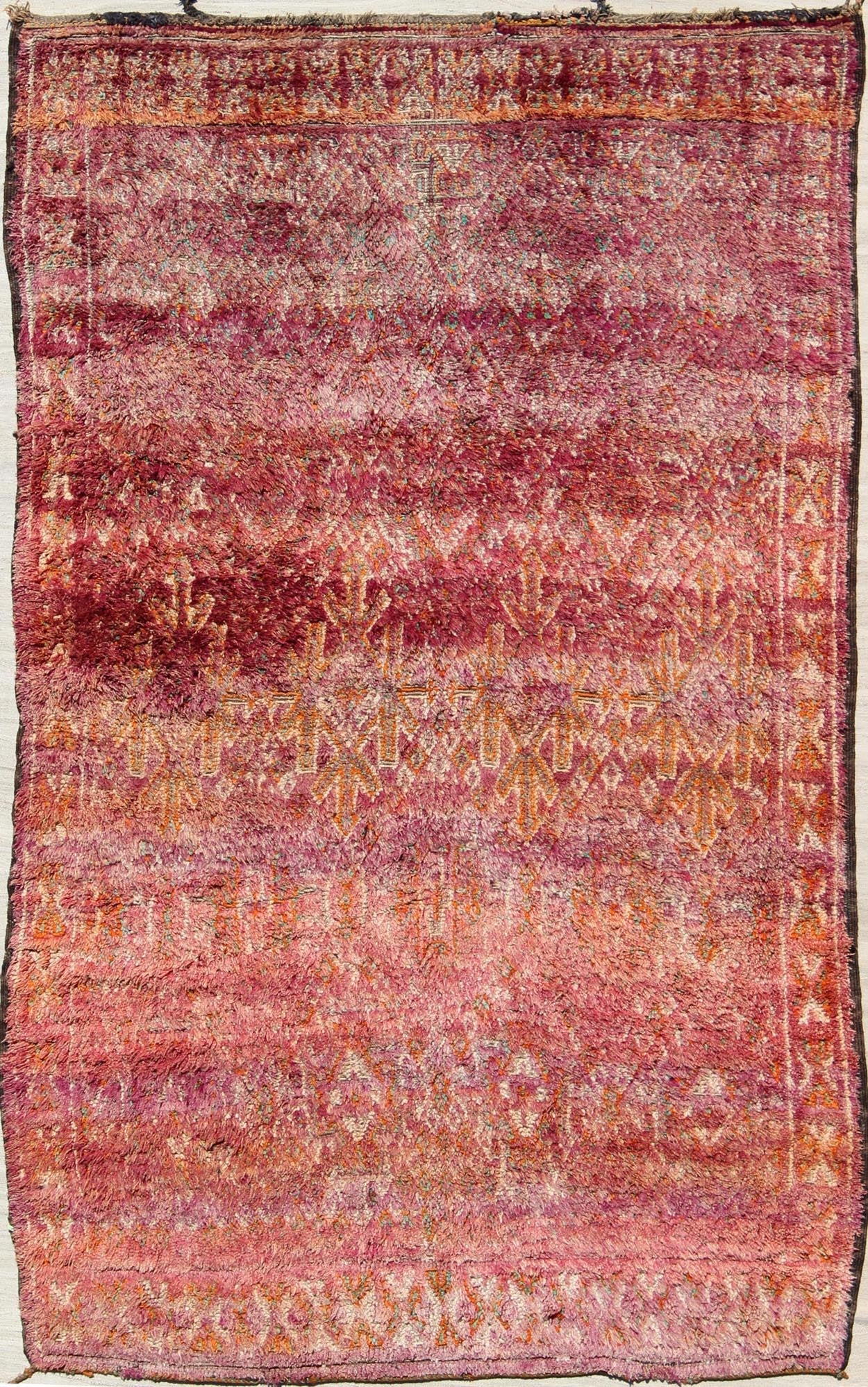 Beautiful Tribal Design Vintage Moroccan Rug in Purple, Red, Orange, and Green Tribal design Moroccan Vintage rug in Purple, Red, Orange, and Green rug KBE - LCB - 18 - 22, country of origin / type: Morocco / Tribal, circa 1940. Vintage Beni Ourain,... - Keivan Woven ArtsKBE - LCB - 18 - 22 - 9591Rug