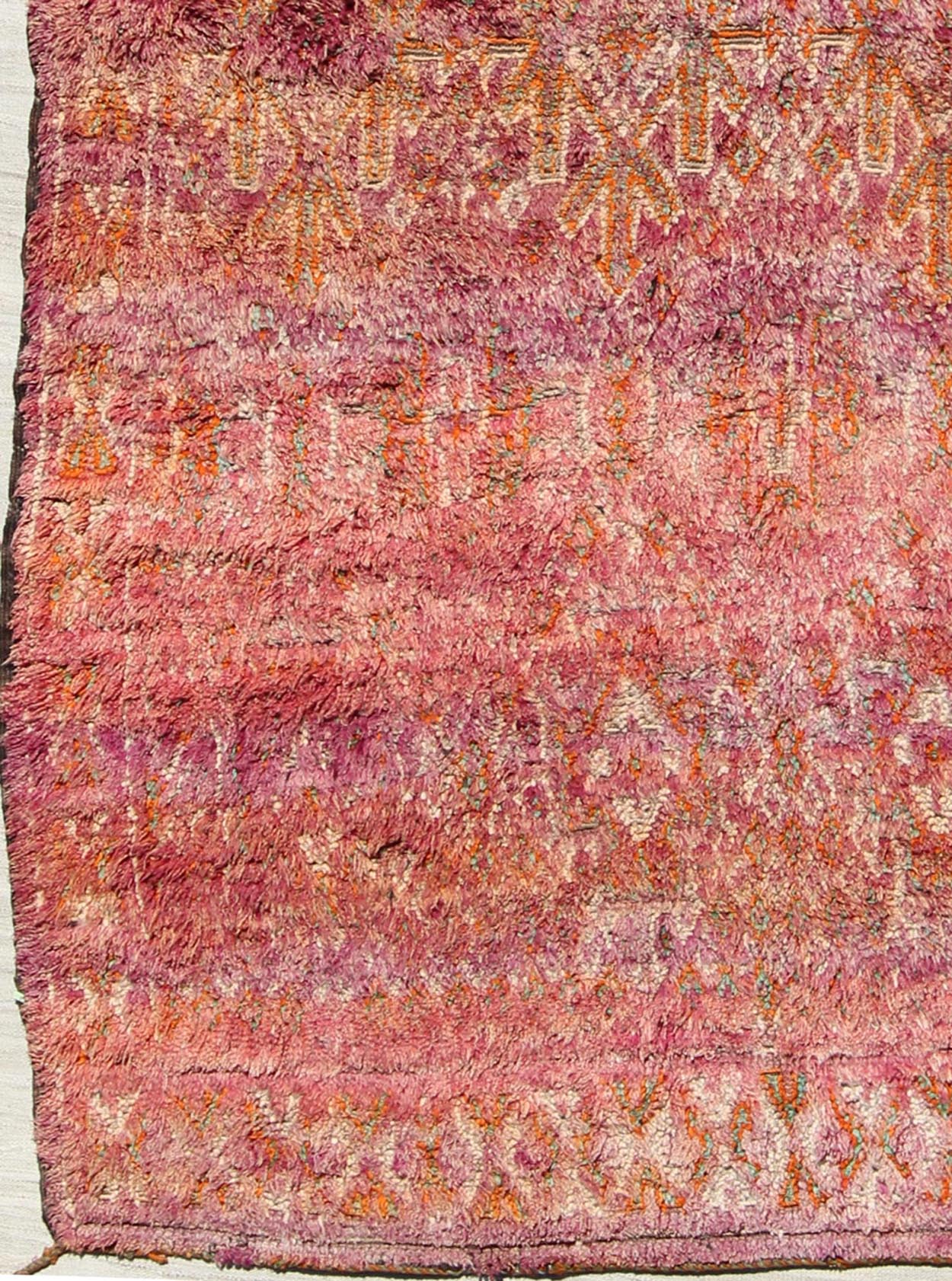 Beautiful Tribal Design Vintage Moroccan Rug in Purple, Red, Orange, and Green Tribal design Moroccan Vintage rug in Purple, Red, Orange, and Green rug KBE - LCB - 18 - 22, country of origin / type: Morocco / Tribal, circa 1940. Vintage Beni Ourain,... - Keivan Woven ArtsKBE - LCB - 18 - 22 - 9591Rug