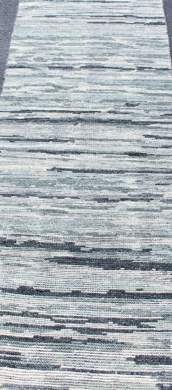 Modern Design Runner in Silver, Green, Gray, White & Neutral Tones. Silver, Green, Gray, White and steel - blue tones rug with modern design, rug KHN - 1002 - TR - 876, country of origin / type: India The modern design of this distressed piled r... - Keivan Woven ArtsKHN - 1002 - TR - 876 - 13254