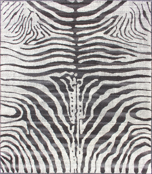 Measures:8'4 x 10'1 Black and White Zebra Design Distressed Modern Rug. Ivory, Black and charcoal modern zebra design distressed piled rug. Keivan Woven Arts / rug KHN - 1023 - TR - 1048, country of origin / type: India / Modern Piled Rug. A uniqu... - Keivan Woven ArtsKHN - 1023 - TR - 1048 - 13522Rug