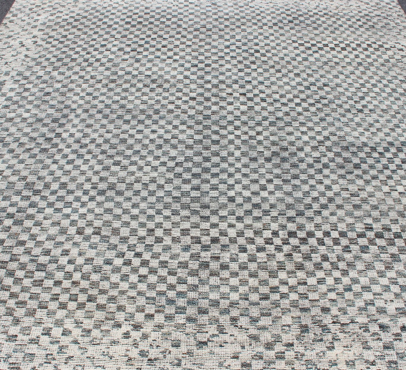 Modern Design Destressed Rug by Keivan Woven Arts. Minimalist and Modern Design Destressed Rug in Shades of Teal, White, Teal Blue, Teal green and charcoal along with white modern checkered designed piled rug, rug KHN - 1025 - TR - 453, country of origin... - Keivan Woven ArtsKHN - 1025 - TR - 453 - 13534
