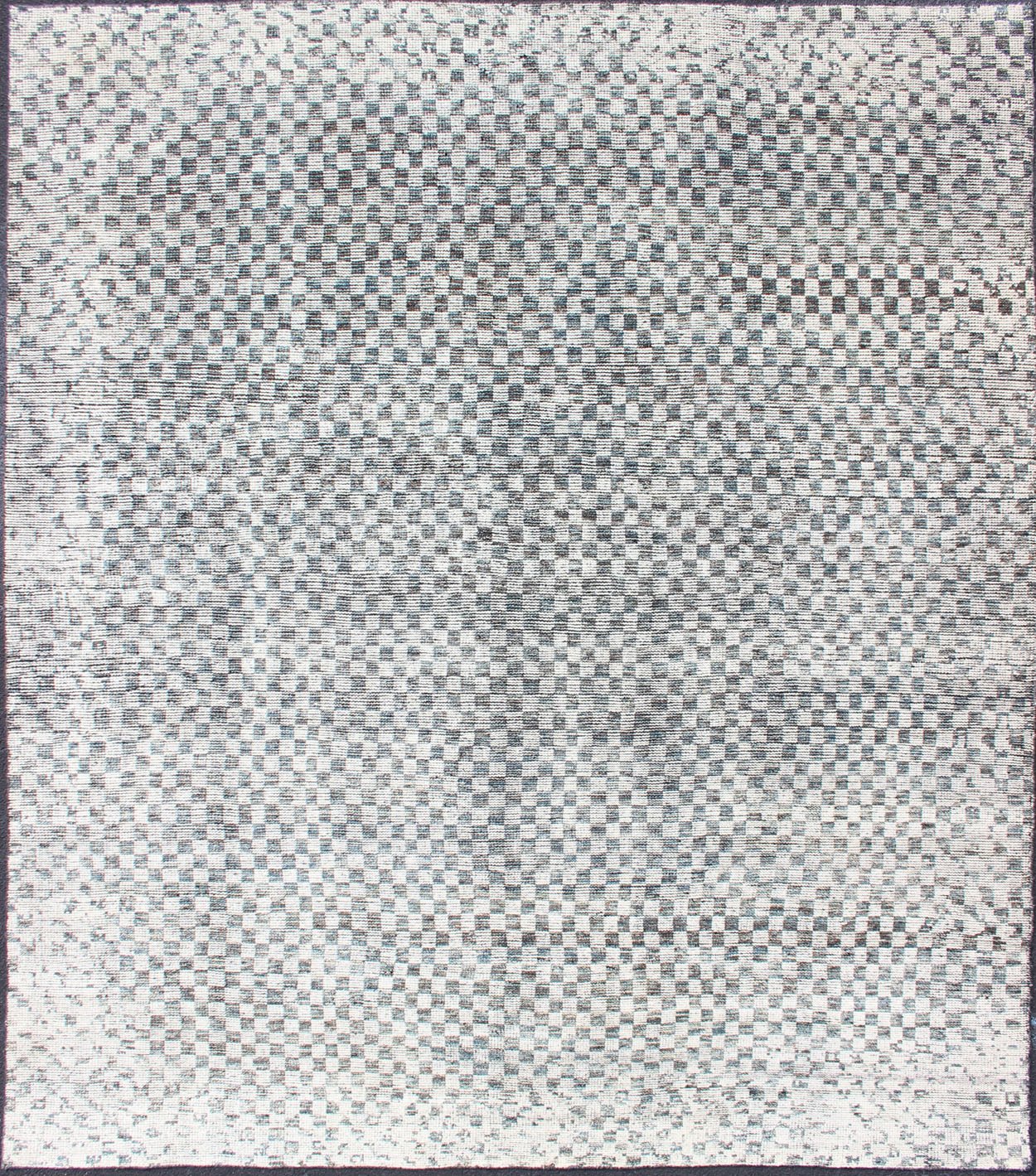 Modern Design Destressed Rug by Keivan Woven Arts. Minimalist and Modern Design Destressed Rug in Shades of Teal, White, Teal Blue, Teal green and charcoal along with white modern checkered designed piled rug, rug KHN - 1025 - TR - 453, country of origin... - Keivan Woven ArtsKHN - 1025 - TR - 453 - 13534
