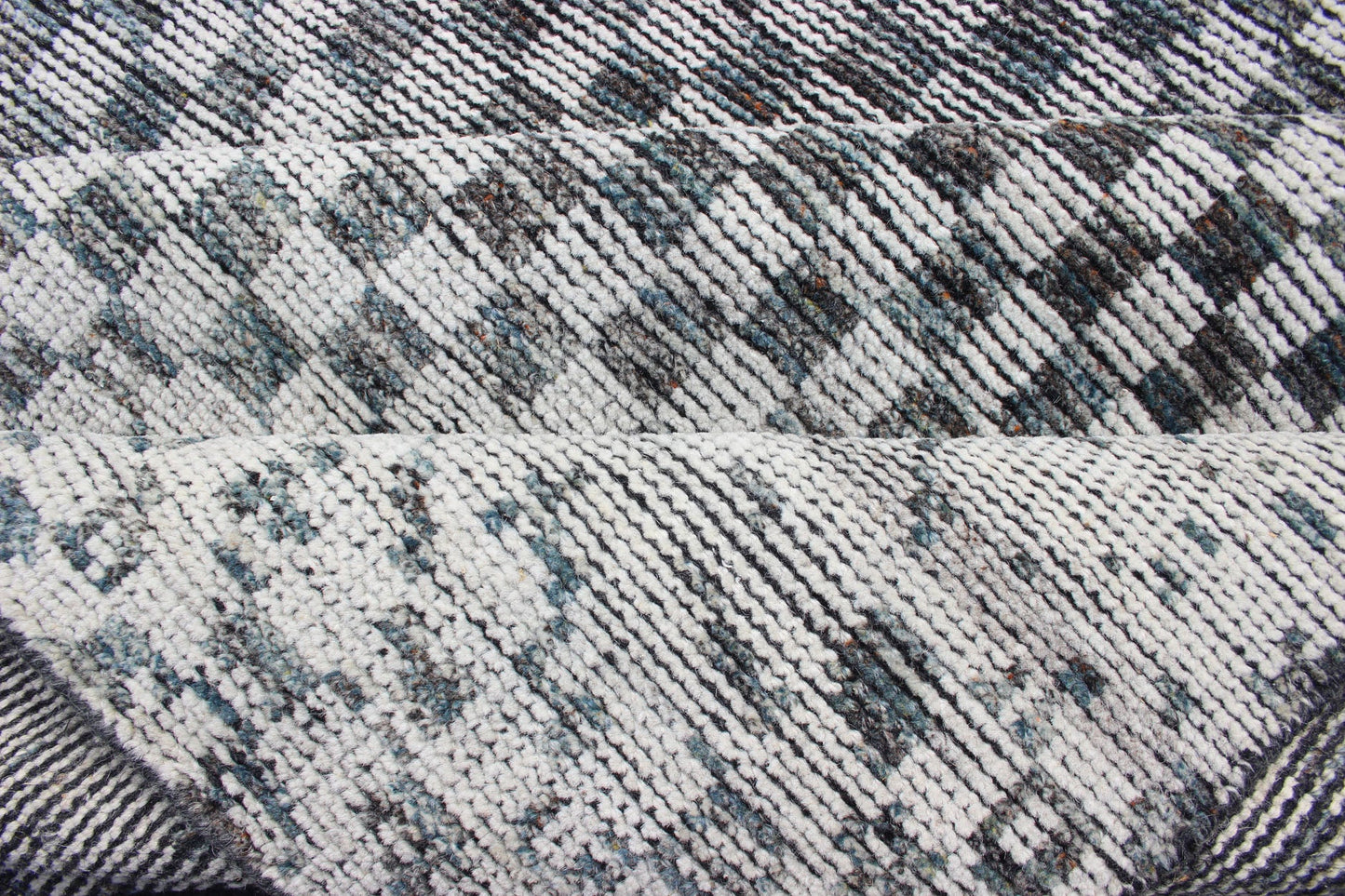 Modern Design Destressed Rug by Keivan Woven Arts. Minimalist and Modern Design Destressed Rug in Shades of Teal, White, Teal Blue, Teal green and charcoal along with white modern checkered designed piled rug, rug KHN - 1025 - TR - 453, country of origin... - Keivan Woven ArtsKHN - 1025 - TR - 453 - 13534