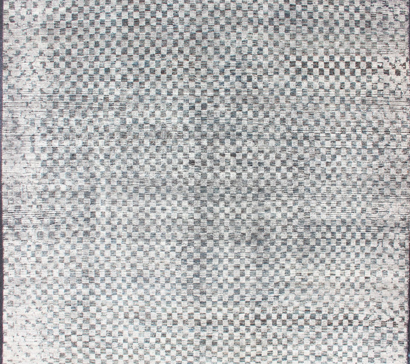 Modern Design Destressed Rug by Keivan Woven Arts. Minimalist and Modern Design Destressed Rug in Shades of Teal, White, Teal Blue, Teal green and charcoal along with white modern checkered designed piled rug, rug KHN - 1025 - TR - 453, country of origin... - Keivan Woven ArtsKHN - 1025 - TR - 453 - 13534