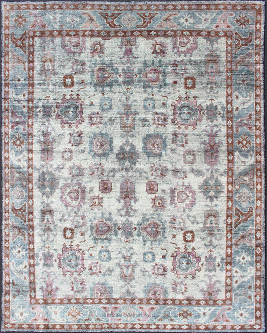 Multi - Colored Transitional Design Distressed Rug in Ivory, Blue, Lavender. Distressed multi colored design Indian piled rug, rug KHN - 1026 - TR - 781, country of origin / type: India / Modern Piled Rug. A unique blend of historical and modern des... - Keivan Woven ArtsKHN - 1026 - TR - 781 - 13540Rug