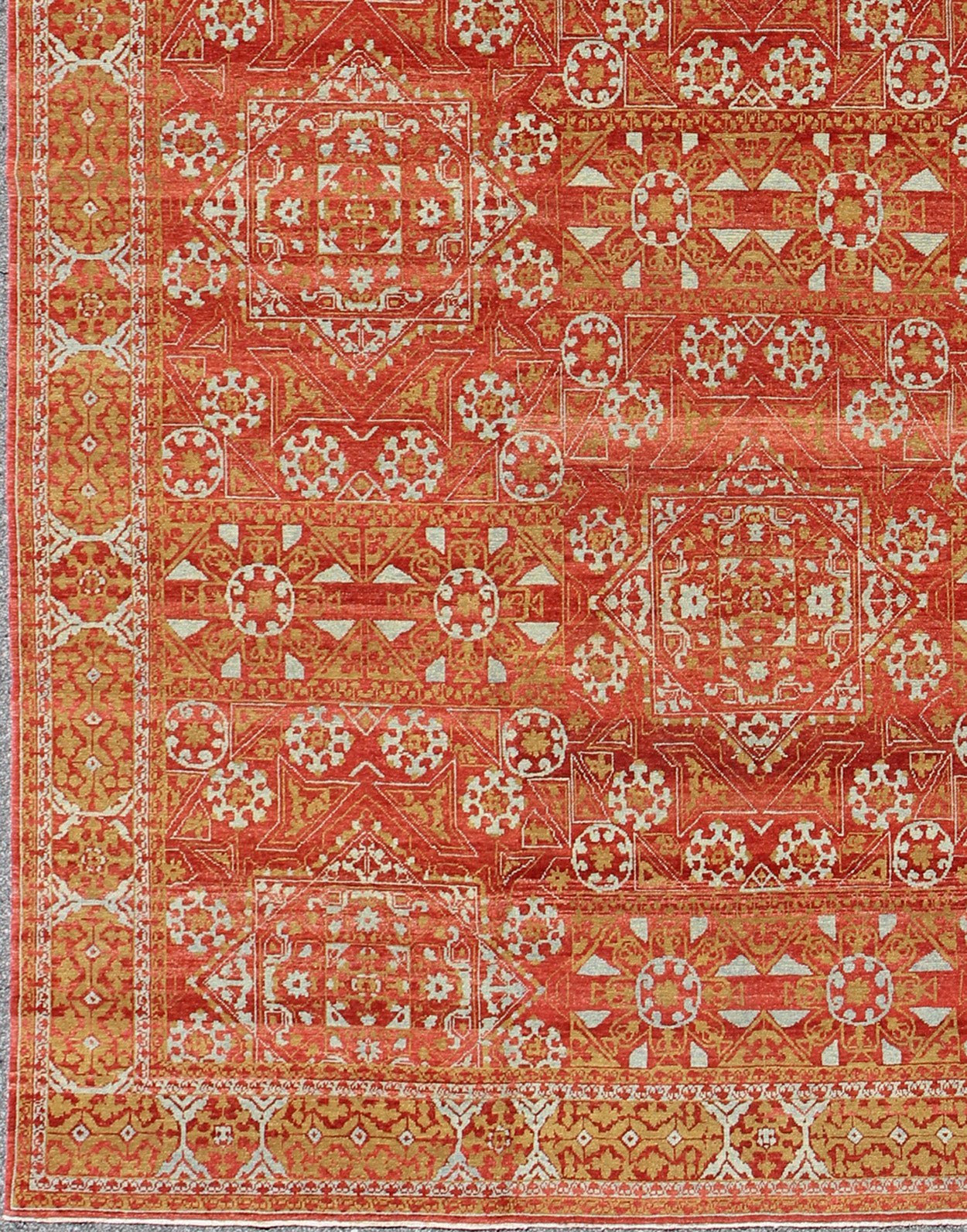 Red, chartreuse Green Turkish Tribal Ottoman Mamluk Rug with Repeating Design. red background with accent chartreuse Green and light gray/blue vintage Turkish tribal ottoman rug with repeating design, rug KOL - 59569, country of origin / type: Afghan... - Keivan Woven ArtsKOL - 59569 - 8950Rug
