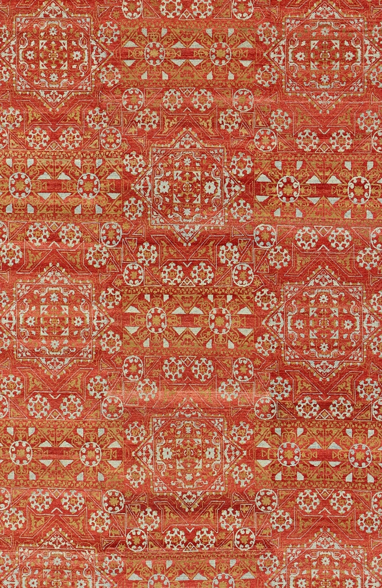Red, chartreuse Green Turkish Tribal Ottoman Mamluk Rug with Repeating Design. red background with accent chartreuse Green and light gray/blue vintage Turkish tribal ottoman rug with repeating design, rug KOL - 59569, country of origin / type: Afghan... - Keivan Woven ArtsKOL - 59569 - 8950Rug