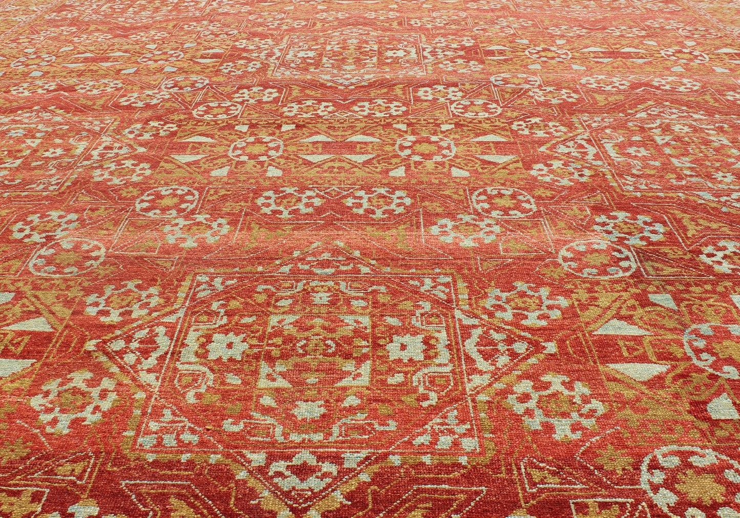Red, chartreuse Green Turkish Tribal Ottoman Mamluk Rug with Repeating Design. red background with accent chartreuse Green and light gray/blue vintage Turkish tribal ottoman rug with repeating design, rug KOL - 59569, country of origin / type: Afghan... - Keivan Woven ArtsKOL - 59569 - 8950Rug