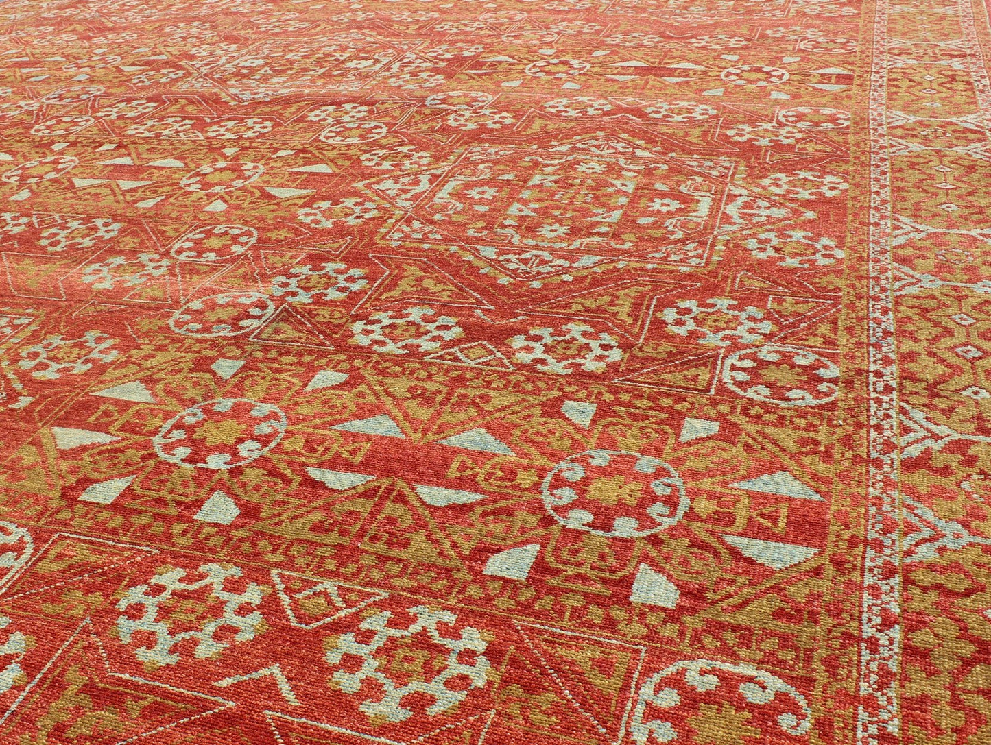 Red, chartreuse Green Turkish Tribal Ottoman Mamluk Rug with Repeating Design. red background with accent chartreuse Green and light gray/blue vintage Turkish tribal ottoman rug with repeating design, rug KOL - 59569, country of origin / type: Afghan... - Keivan Woven ArtsKOL - 59569 - 8950Rug