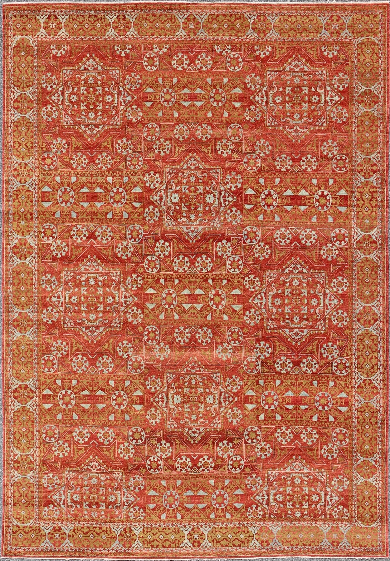 Red, chartreuse Green Turkish Tribal Ottoman Mamluk Rug with Repeating Design. red background with accent chartreuse Green and light gray/blue vintage Turkish tribal ottoman rug with repeating design, rug KOL - 59569, country of origin / type: Afghan... - Keivan Woven ArtsKOL - 59569 - 8950Rug