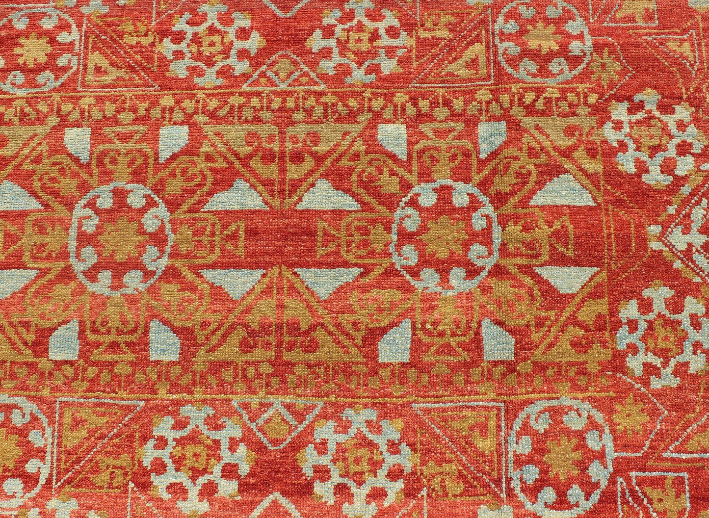 Red, chartreuse Green Turkish Tribal Ottoman Mamluk Rug with Repeating Design. red background with accent chartreuse Green and light gray/blue vintage Turkish tribal ottoman rug with repeating design, rug KOL - 59569, country of origin / type: Afghan... - Keivan Woven ArtsKOL - 59569 - 8950Rug