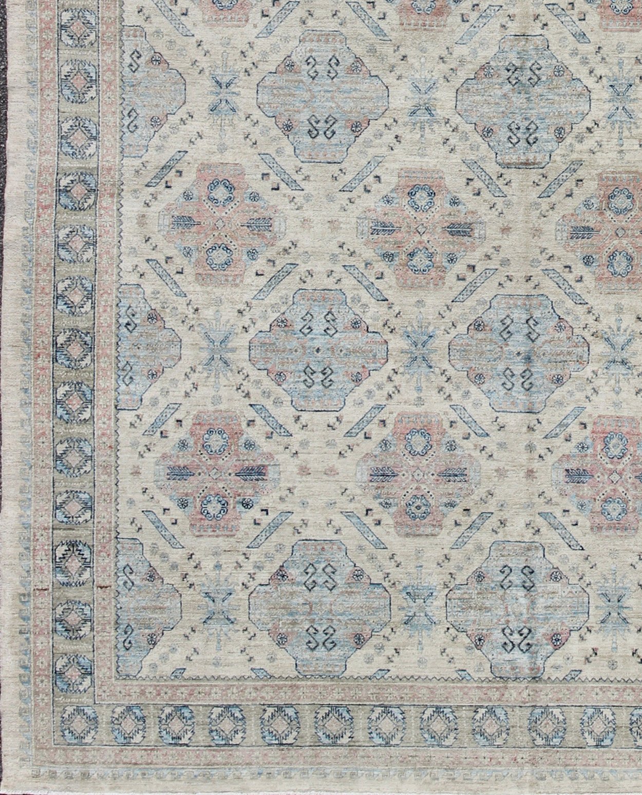 Afghan Khotan Rug with All - Over Geometric Pattern in Pink and Light Blue. Light Khotan rug with geometric Medallions, rug KOL - 67784 country of origin / type: Afghanistan / Khotan This Khotan features a geometric all - over design flanked by a ... - Keivan Woven ArtsKOL - 67784 - 8960Rug