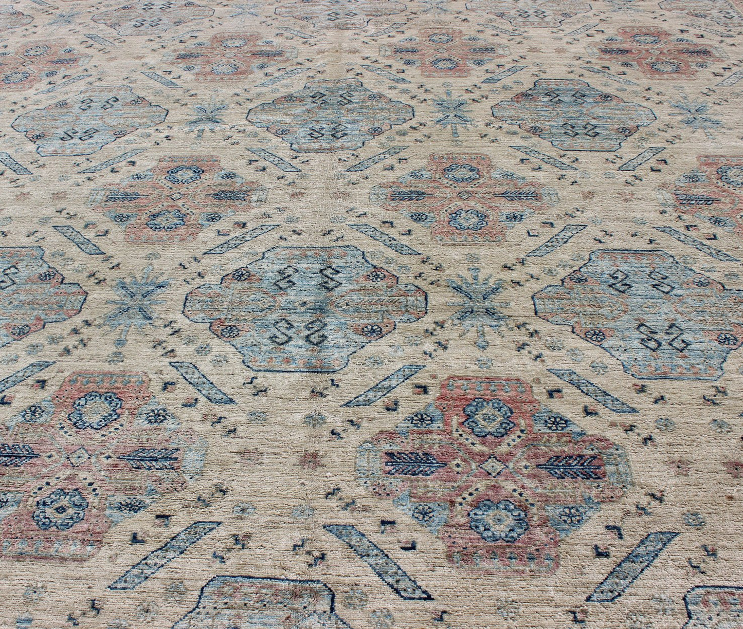 Afghan Khotan Rug with All - Over Geometric Pattern in Pink and Light Blue. Light Khotan rug with geometric Medallions, rug KOL - 67784 country of origin / type: Afghanistan / Khotan This Khotan features a geometric all - over design flanked by a ... - Keivan Woven ArtsKOL - 67784 - 8960Rug