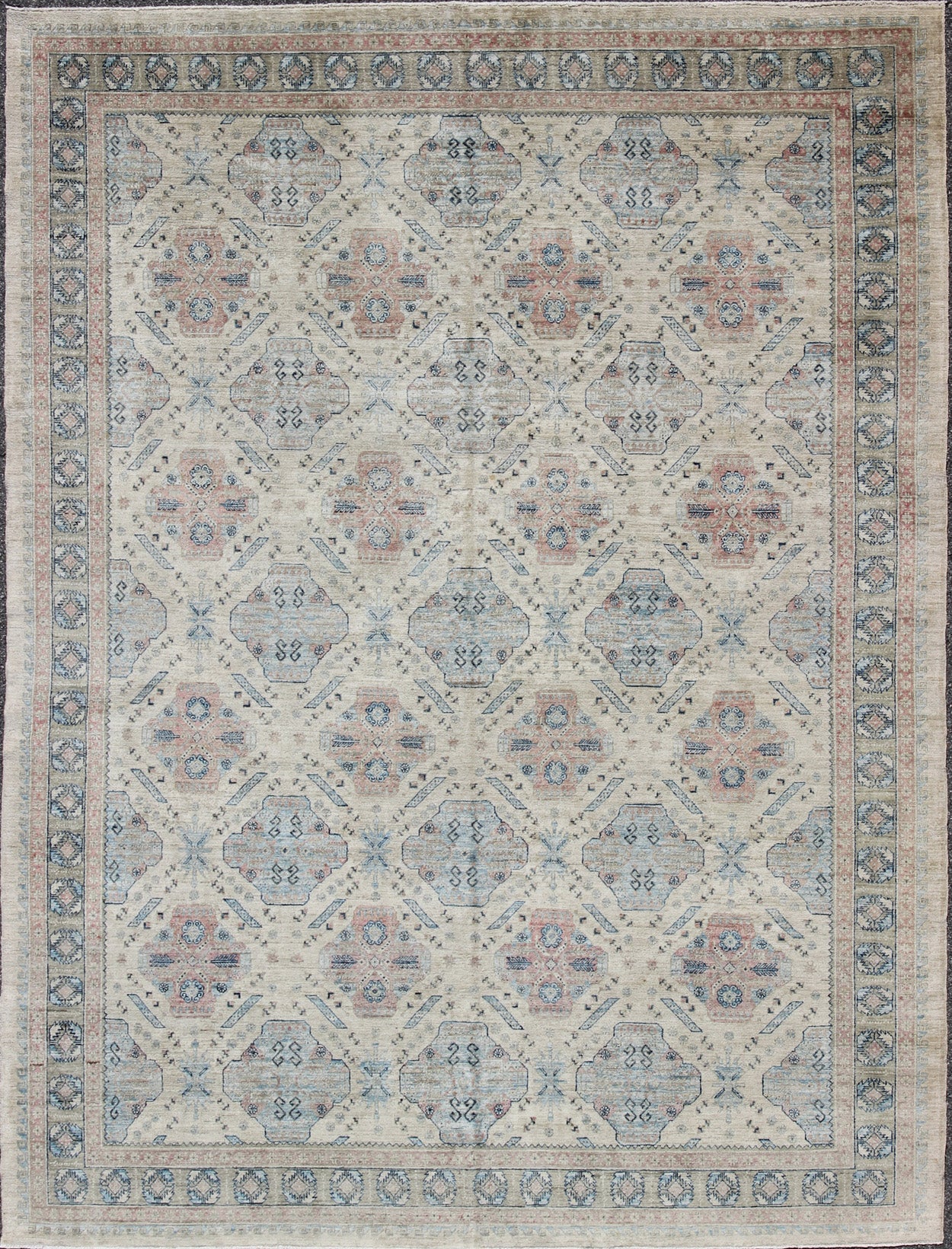 Afghan Khotan Rug with All - Over Geometric Pattern in Pink and Light Blue. Light Khotan rug with geometric Medallions, rug KOL - 67784 country of origin / type: Afghanistan / Khotan This Khotan features a geometric all - over design flanked by a ... - Keivan Woven ArtsKOL - 67784 - 8960Rug