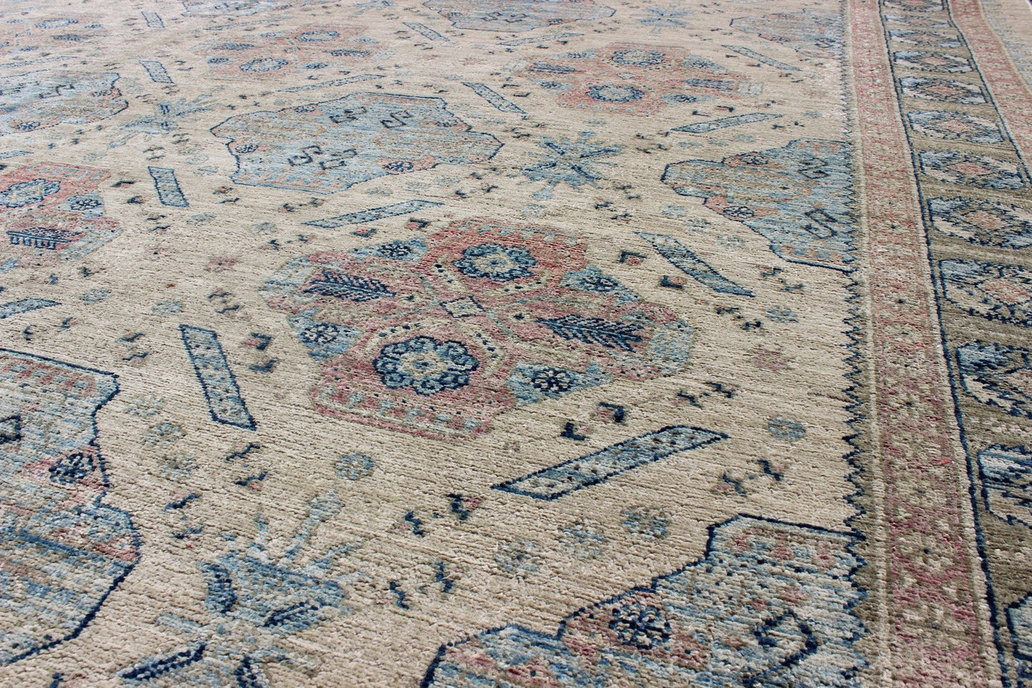 Afghan Khotan Rug with All - Over Geometric Pattern in Pink and Light Blue. Light Khotan rug with geometric Medallions, rug KOL - 67784 country of origin / type: Afghanistan / Khotan This Khotan features a geometric all - over design flanked by a ... - Keivan Woven ArtsKOL - 67784 - 8960Rug