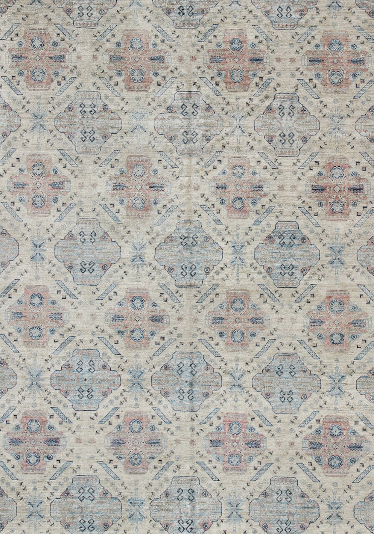 Afghan Khotan Rug with All - Over Geometric Pattern in Pink and Light Blue. Light Khotan rug with geometric Medallions, rug KOL - 67784 country of origin / type: Afghanistan / Khotan This Khotan features a geometric all - over design flanked by a ... - Keivan Woven ArtsKOL - 67784 - 8960Rug
