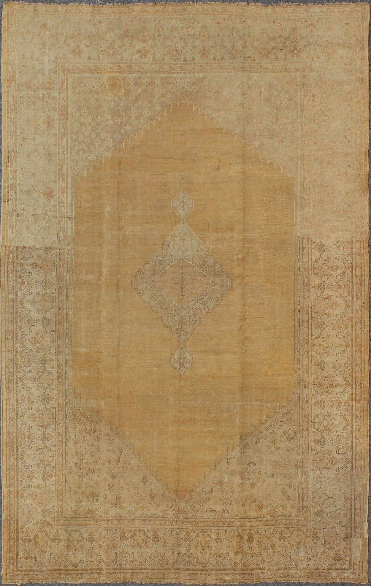 Large Antique Oushak Rug in Wheat and soft Yellow Background, kwarugs L11 - 0102, Large Oushak Antique Turkish Rug This large and impressive antique Turkish Oushak exhibits a delicate sophistication in color and design. The exquisite color palette... - Keivan Woven ArtsL11 - 0102 - 2358Rug