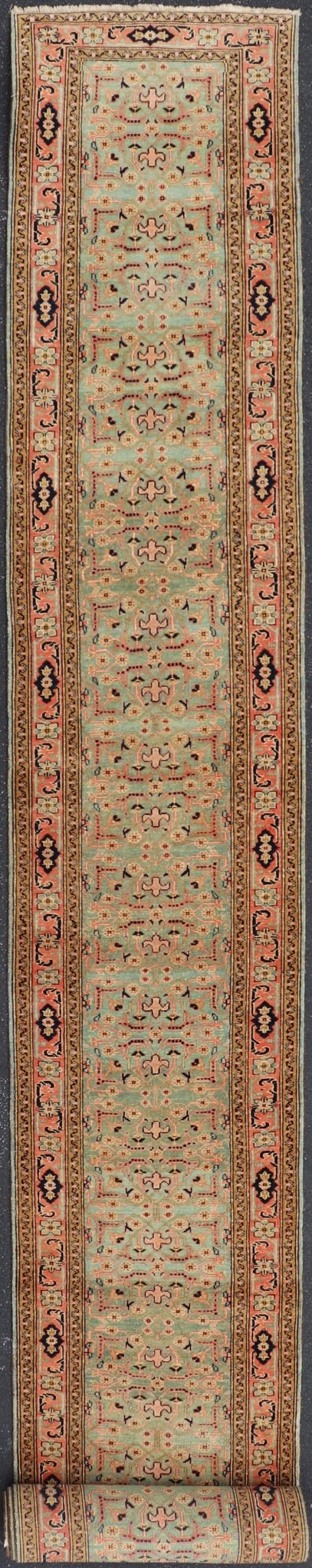 Oversized Vintage Turkish Oushak Runner with All - Over Sub - Geometric Design This Oversized Vintage Turkish Oushak Runner features an all - over sub - geometric design set upon a green background. The entirety of the piece is enclosed within a compl... - Keivan Woven ArtsL11 - 0106 - 2370Rug