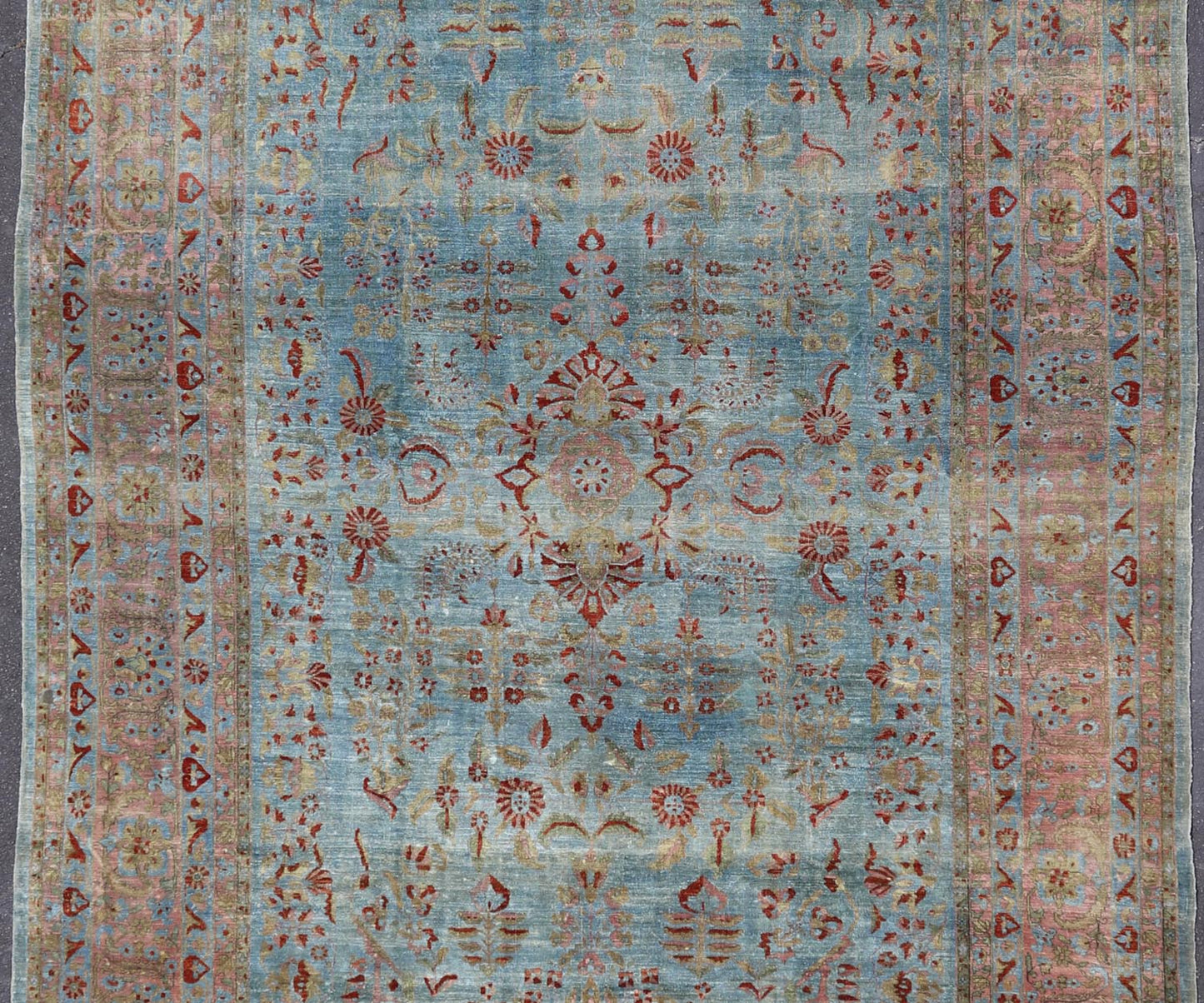 Blue background antique Persian Sarouk rug with red and acid green florals. Keivan Woven Arts / rug L11 - 0305, country of origin / type: Iran / Sarouk Farahan, circa 1910 Measures: 10'11 x 17'2 This outstanding antique Farahan Sarouk carpet (circa... - Keivan Woven ArtsL11 - 0305 - 2573Rug