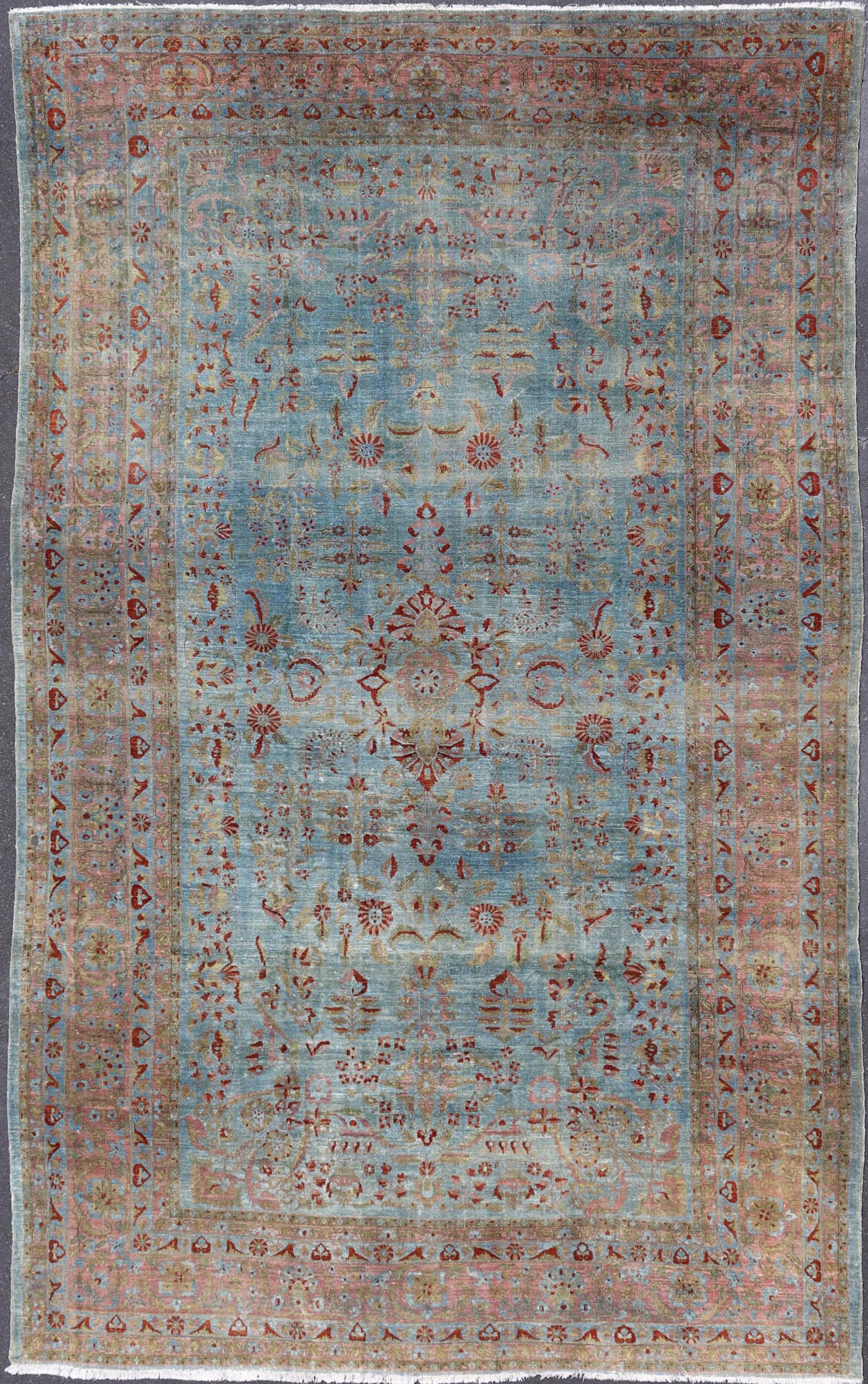 Blue background antique Persian Sarouk rug with red and acid green florals. Keivan Woven Arts / rug L11 - 0305, country of origin / type: Iran / Sarouk Farahan, circa 1910 Measures: 10'11 x 17'2 This outstanding antique Farahan Sarouk carpet (circa... - Keivan Woven ArtsL11 - 0305 - 2573Rug